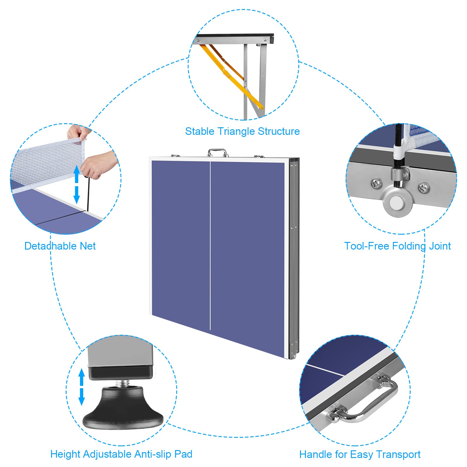 6FT Foldable Ping Pong Table Set - Portable Table Tennis Table with Net, 2 Paddles & 3 Balls for Indoor/Outdoor Use | Perfect for Home, Office, Backyard & Game Rooms (Blue)