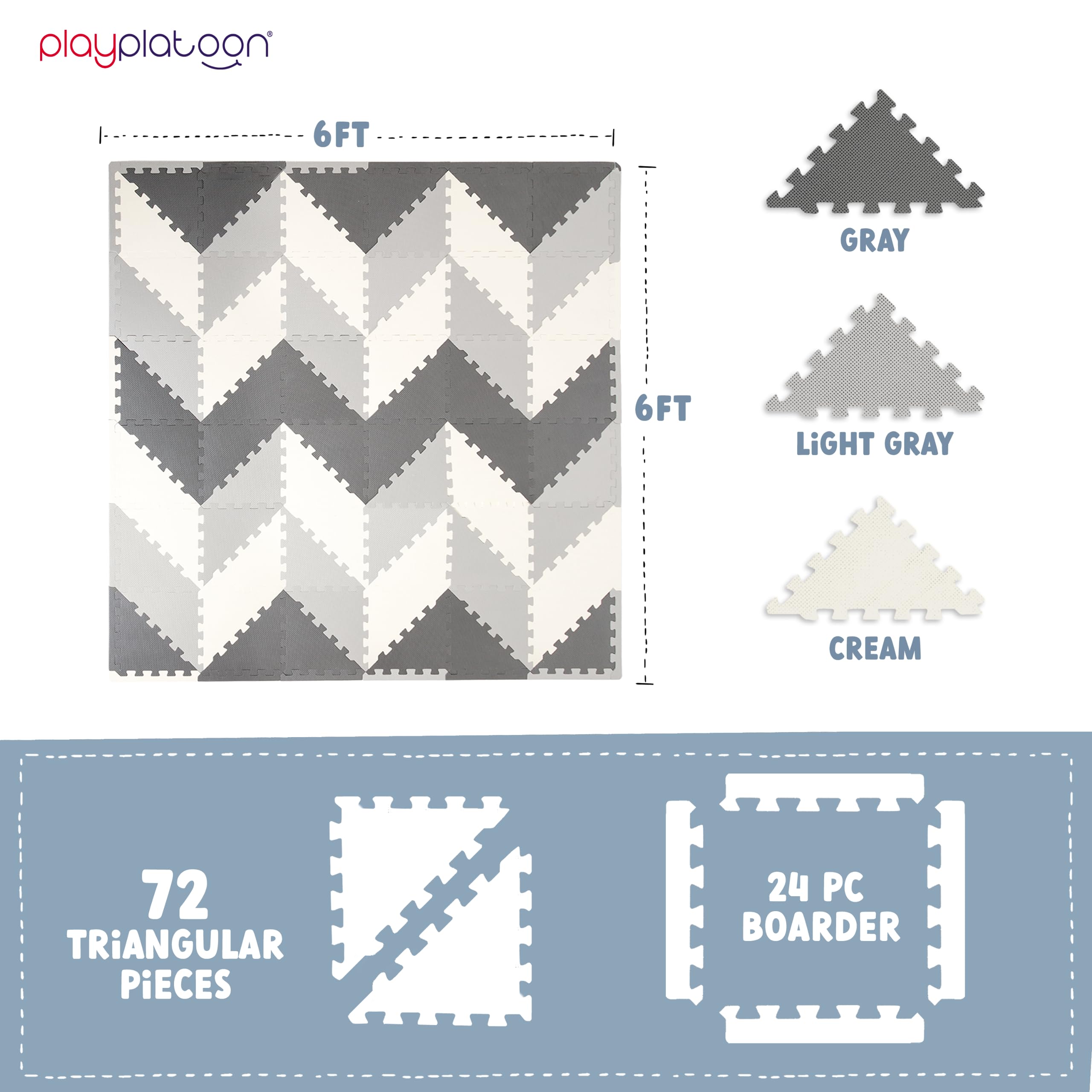 Non-Toxic Extra-Thick 96-Piece Triangle Foam Play Mat - 6x6ft Soft Cushioned Floor Puzzle for Kids & Toddlers - Gray & Cream - Perfect for Playrooms, Daycares & Home Gym Exercise Areas