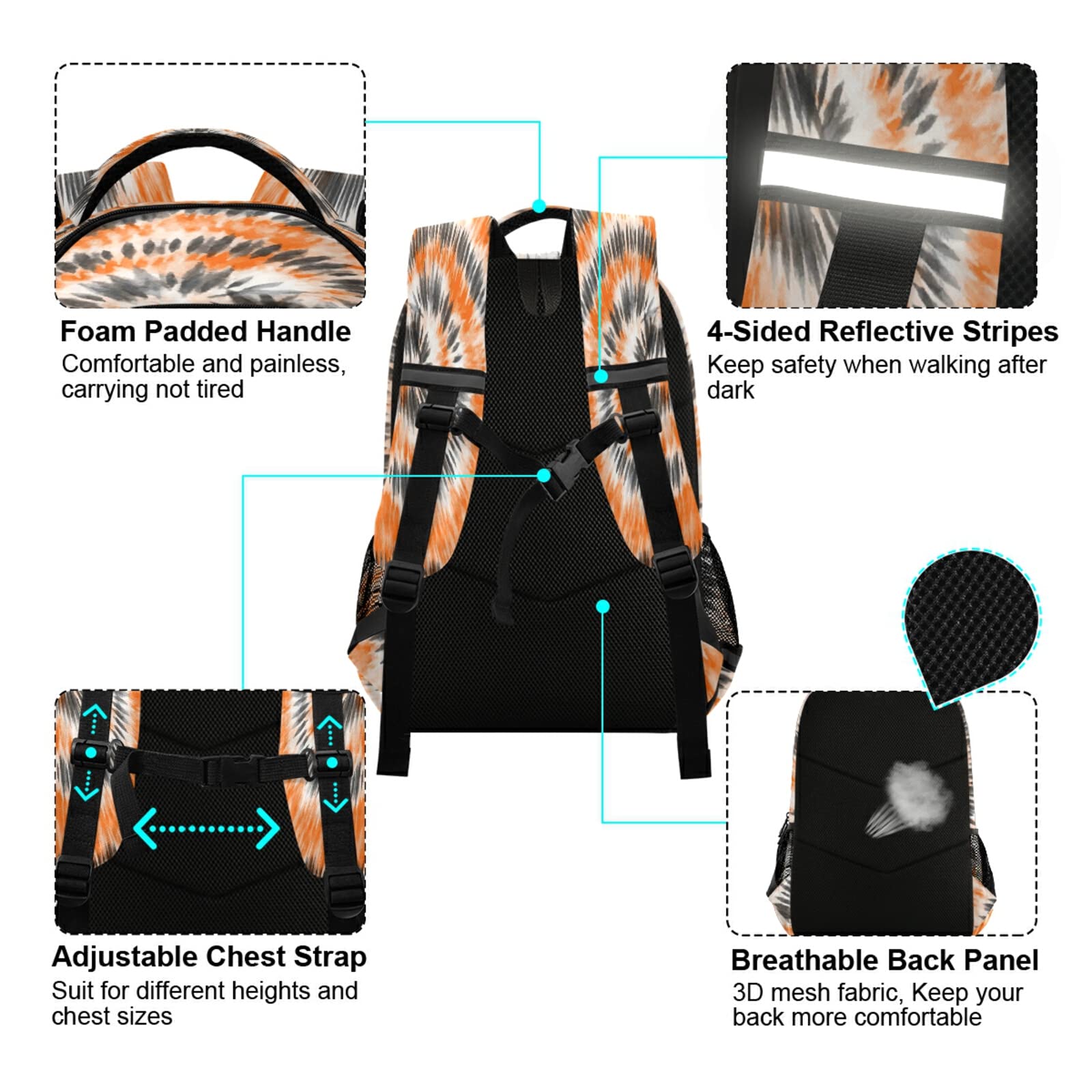 Dussdil Orange Black Tie Dye Backpack - 16 Inch Laptop Bag for Men & Women, Casual Daypack with Double Zipper, Adjustable Shoulder Straps - Perfect for Travel, School, Work & Sports