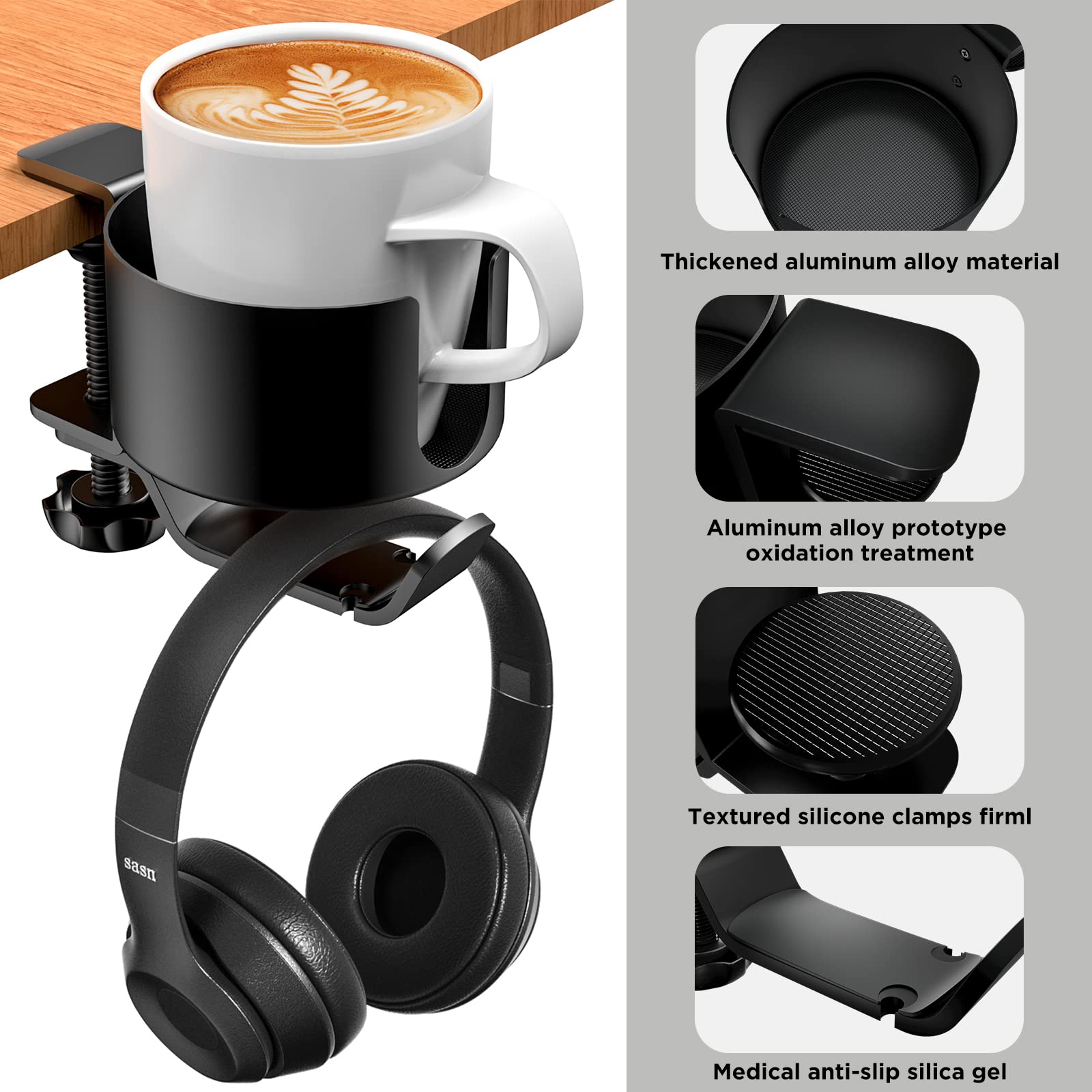 OOKUU 2-in-1 Desk Cup Holder with Headphone Hanger - Anti-Spill Coffee Mug & Water Bottle Holder - Sturdy Durable Office Desk Accessory for Workstation, Gaming Setup & Home Office Organization