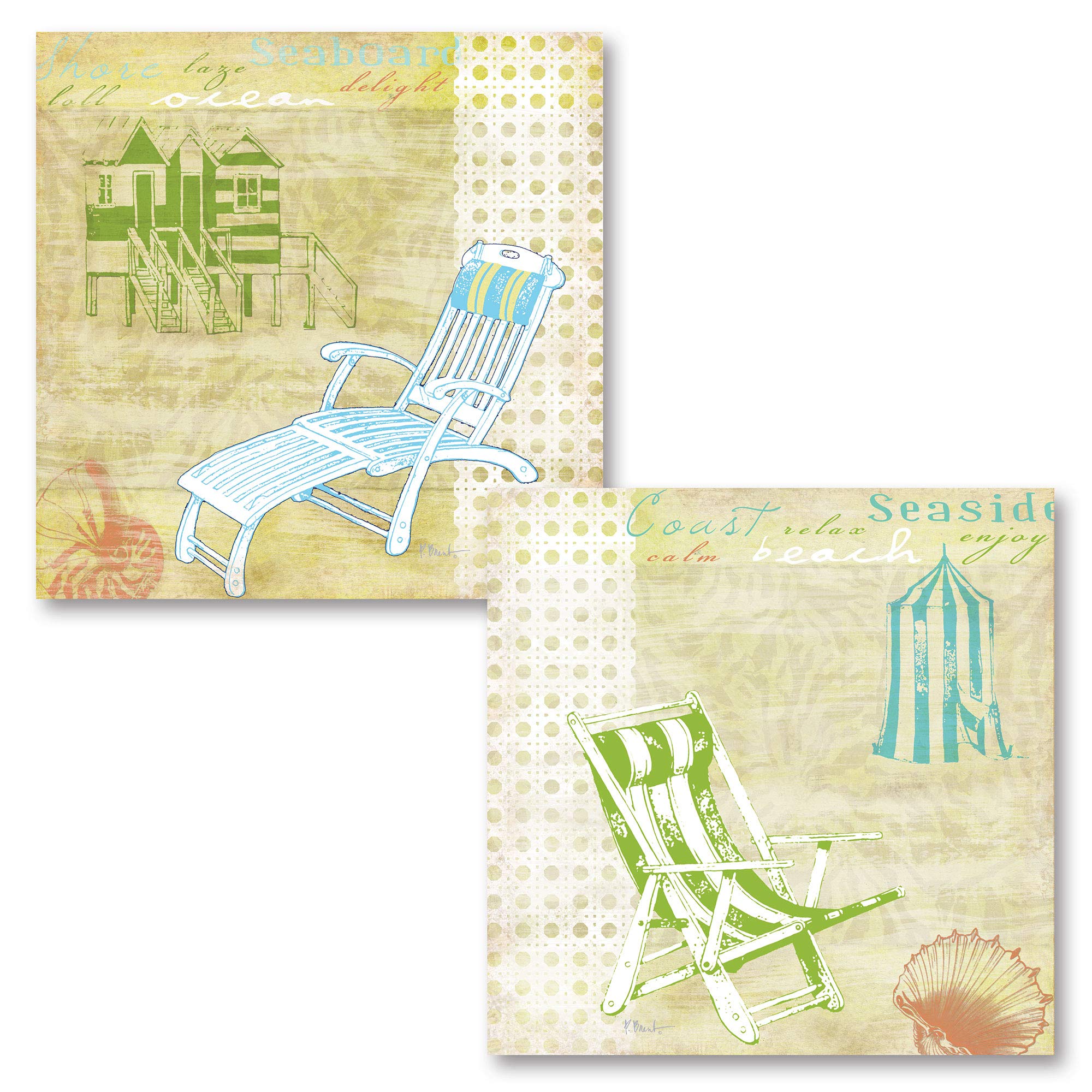 Premium Beach Cabana & Lounge Chairs Set with 2 (12x12 inch) Poster Prints - Green & Blue for Poolside Relaxation & Backyard Lounging