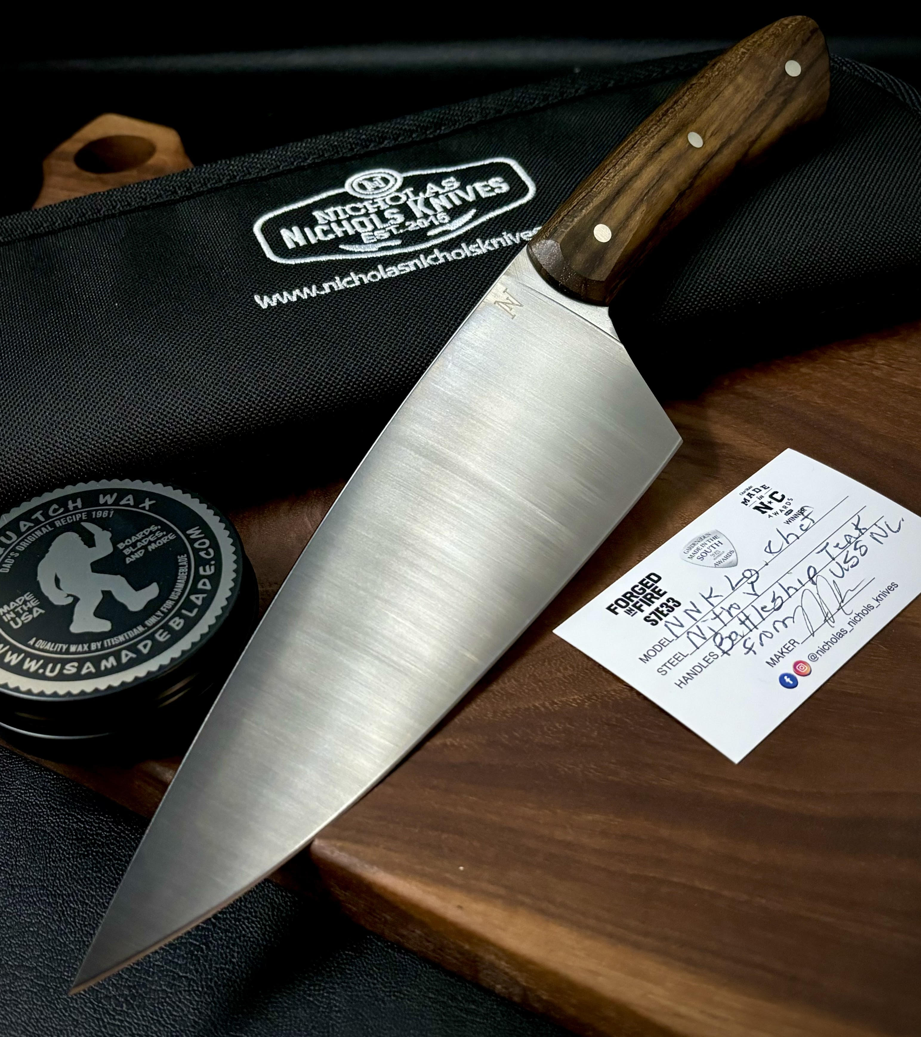 Premium Nicholas Nichols Chef Knife - Nitro V Steel Blade with U.S.S. North Carolina Battleship Teak Wood Handle - Perfect for Professional Chefs & Home Cooking Enthusiasts - Ideal for Slicing, Dicing & Food Preparation