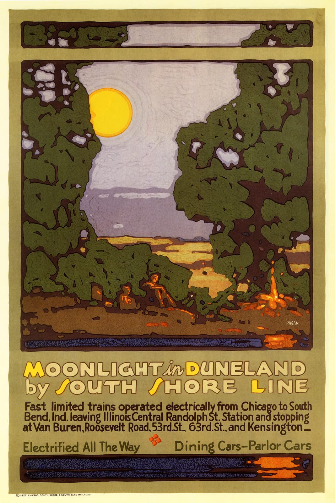 Vintage Duneland Moonlight South Shore Line Camp Fire Summer Travel Poster - 20