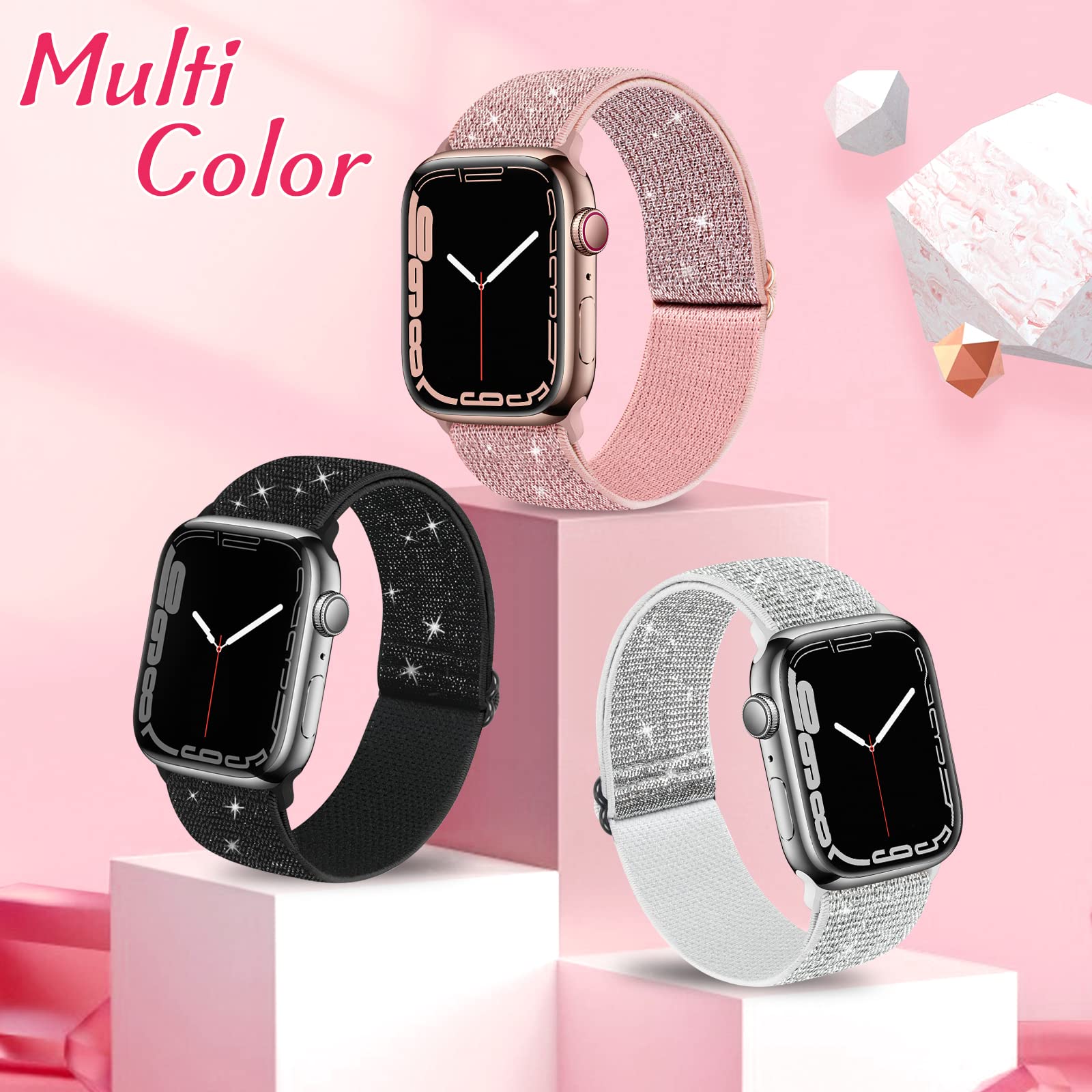 3 Pack Shiny Nylon Stretchy Apple Watch Bands for Women - Compatible with iWatch Series 9/8/7/6/5/4/3/2/1, SE & Ultra (42mm 44mm 45mm 49mm) - Fashionable & Comfortable Wristbands for Workout, Running & Daily Wear