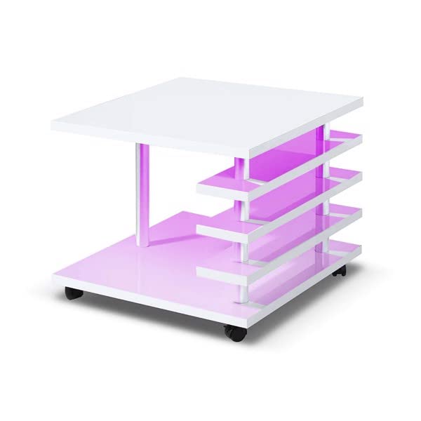 Modern LED Coffee Table with High Gloss Finish & 2-Tier Open Storage - White Side Table for Living Room, Bedroom | Perfect for Small Spaces, Nightstands & Contemporary Home Decor