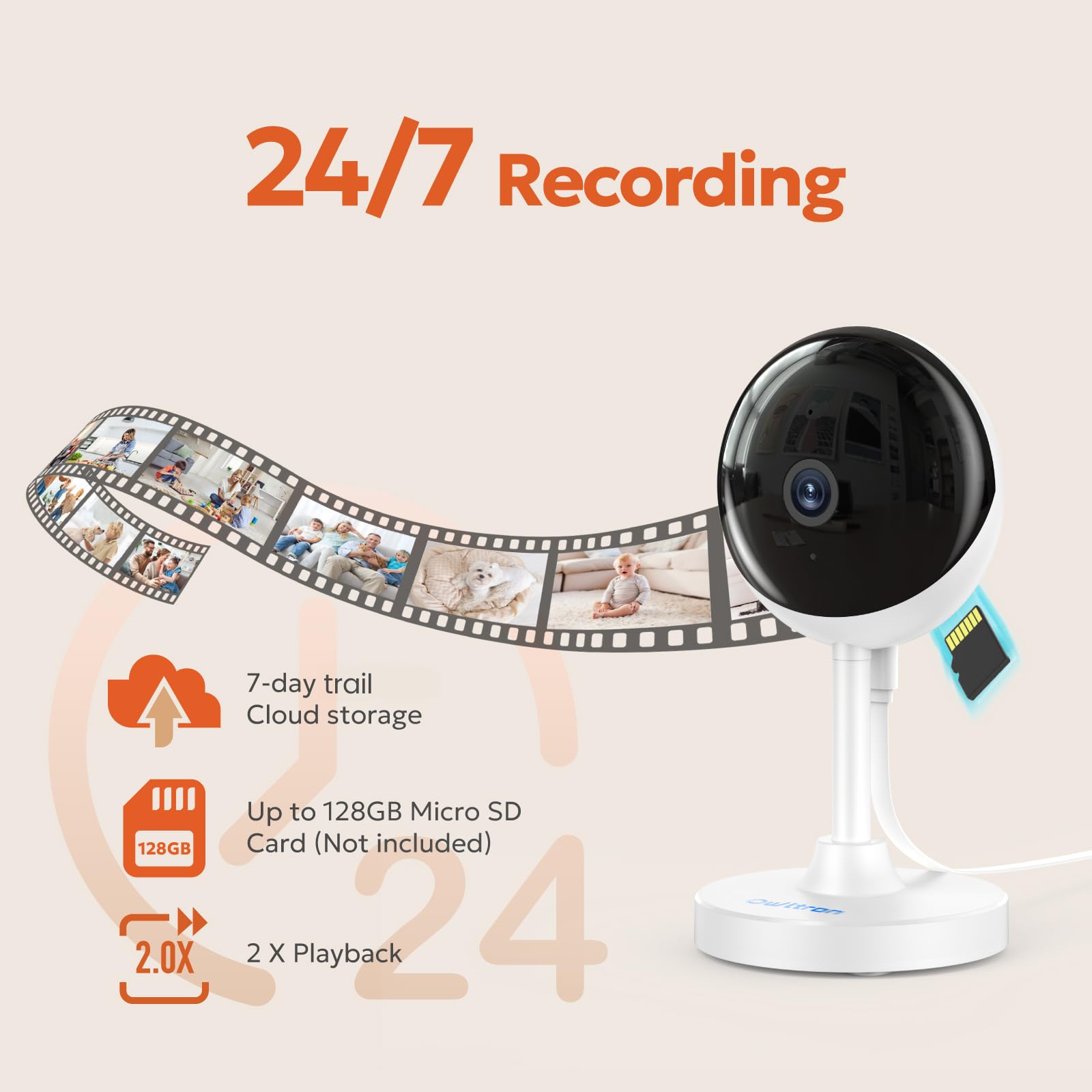 Owltron 2K Indoor Security Camera with Motion Detection, Night Vision & 2-Way Audio - Baby Monitor, Pet Camera & Elder Care - Works with Alexa & App - 2.4GHz WiFi - Perfect for Home, Nursery & Pet Monitoring
