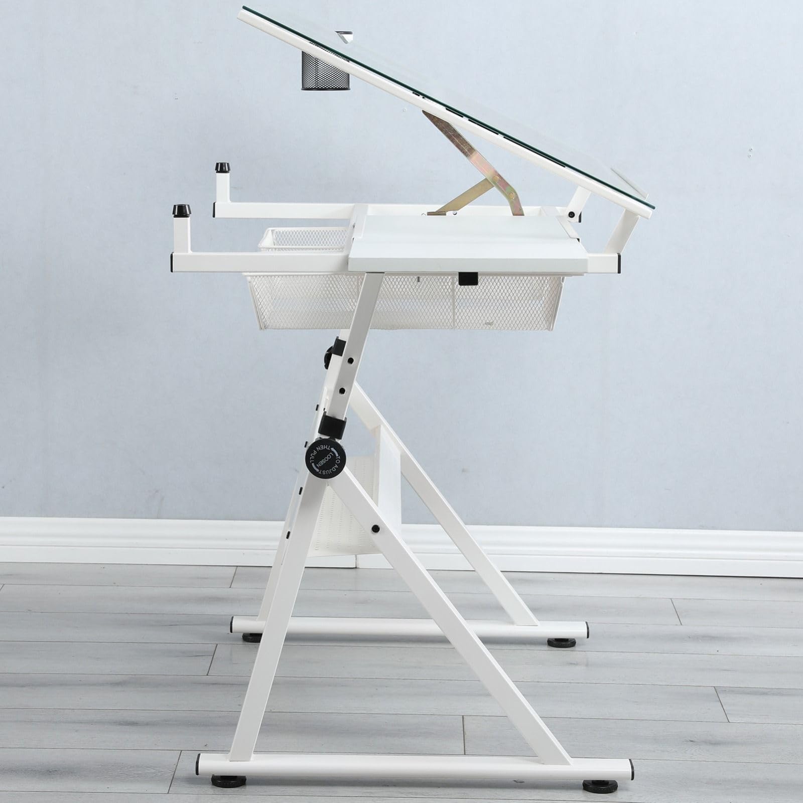Adjustable Tempered Glass Drafting Table with Stool - Modern Art Studio Desk for Drawing, Design & Office Work | Perfect for Artists, Architects & Students in Home Office or School Settings