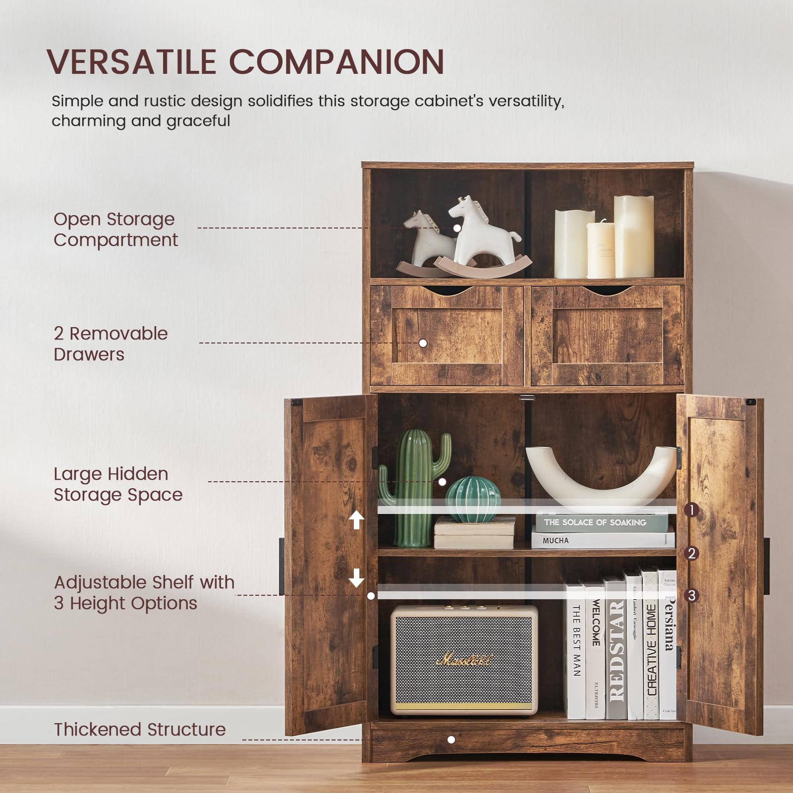 Iwell 2-Drawer Storage Cabinet with Adjustable Shelves, Rustic Brown Cupboard for Living Room, Home Office - Organize Clothes, Books & Home Essentials