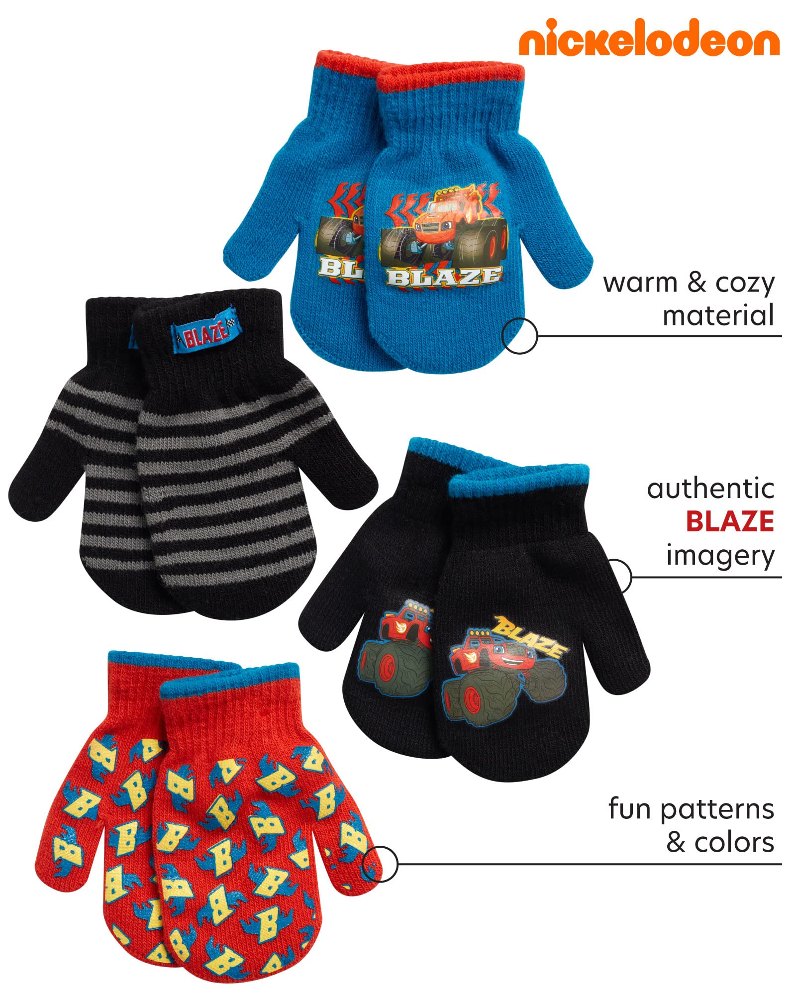 Paw Patrol & Blaze Boys Mittens Set - 4 Pack for Toddlers - Winter Play & Outdoor Fun