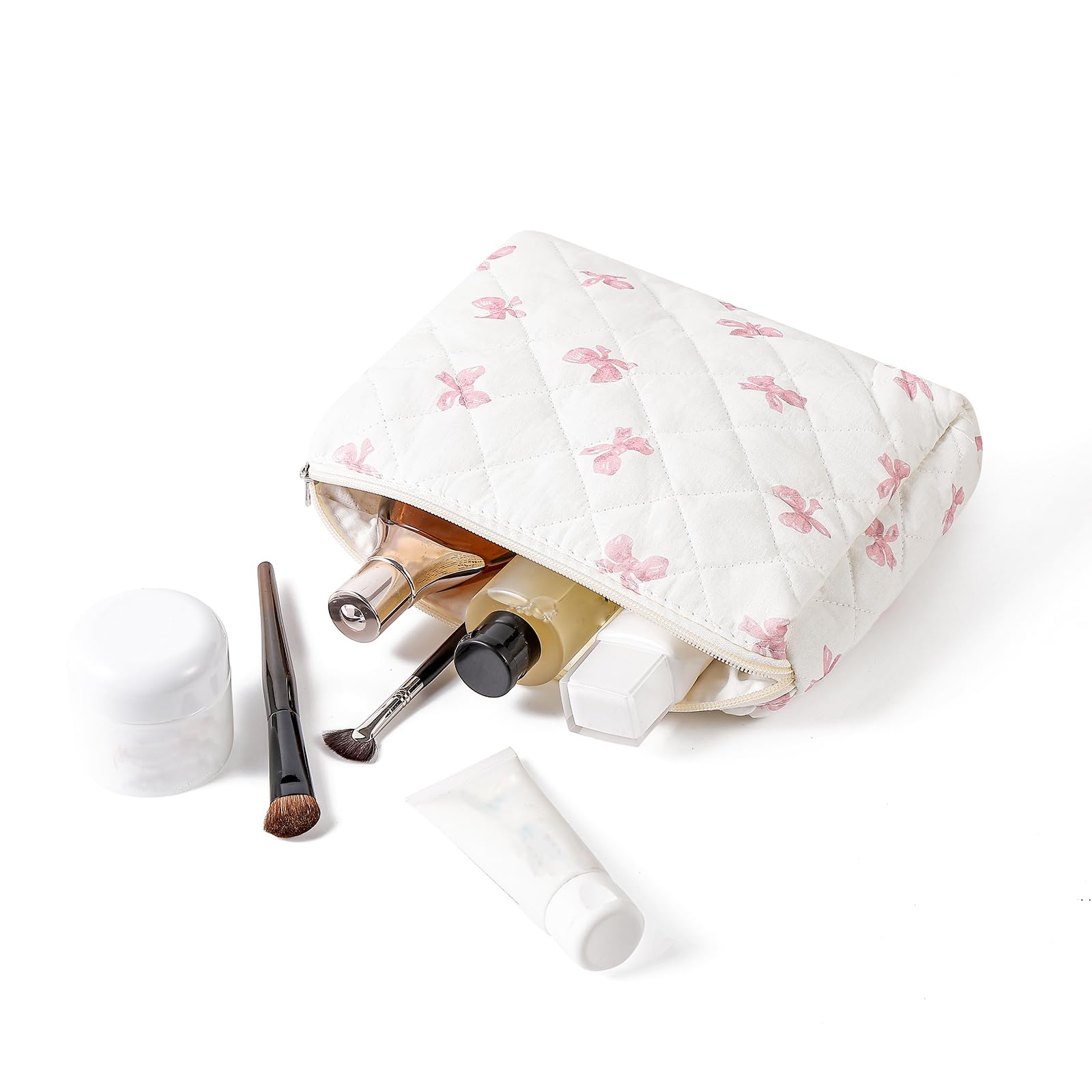 Quilted Cotton Makeup Bag for Women - Large Floral Cosmetic Organizer with Zipper, Travel Toiletry Storage Bag (Pink Bow Tie) - Perfect for Travel, Home & Gift Giving