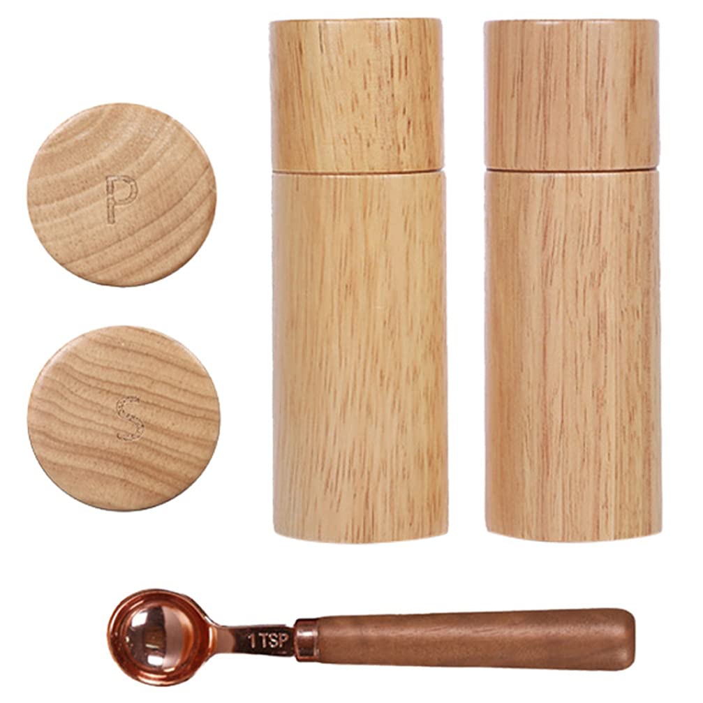 Premium Hemoton Coffee Bean Sea Salt & Pepper Set - 3-Piece Wooden Salt and Pepper Shakers with Refillable Dispenser for Kitchen, Dining Table & BBQ | Natural Wood Spice Containers for Home, Restaurant & Outdoor Cooking