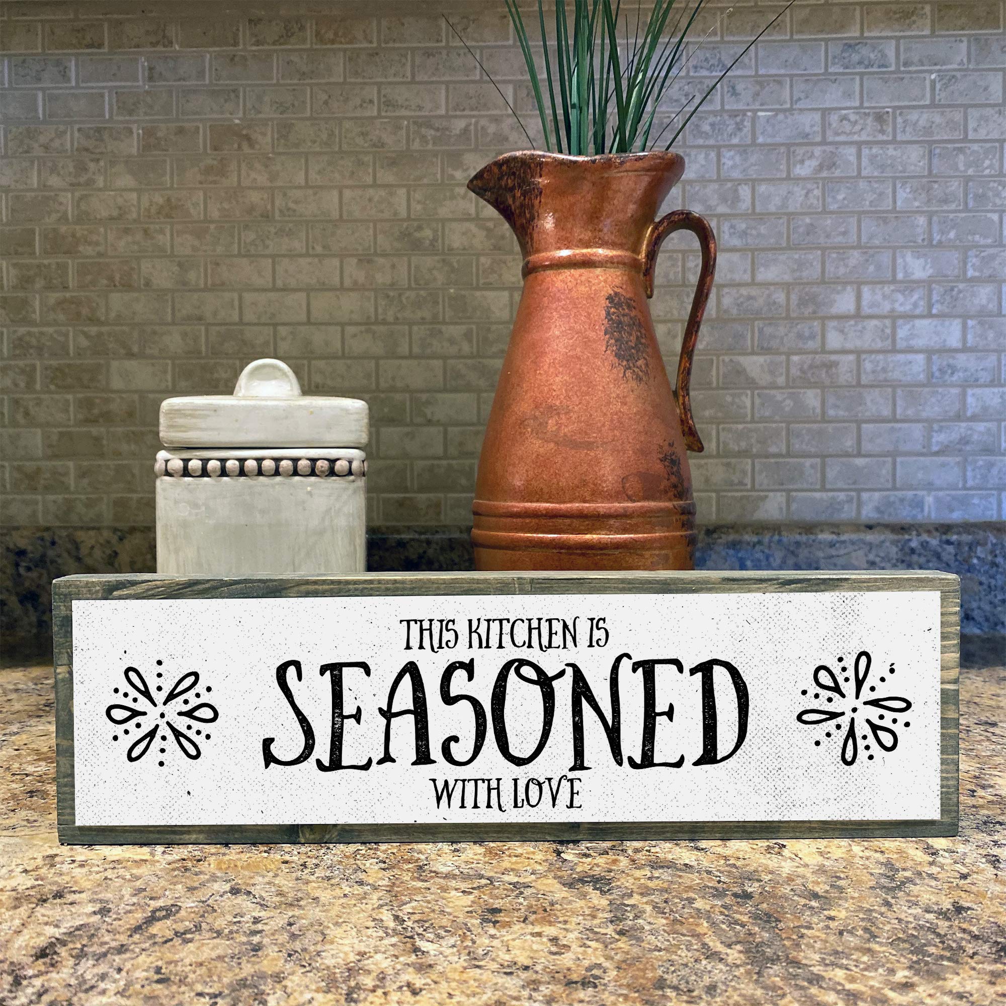 Rustic Wooden Kitchen Signs - Medium Size with Wood & Metal Design, 'This Kitchen is Seasoned With Love' - Perfect for Farmhouse Decor, Housewarming Gifts & Cozy Home Kitchen Wall Art