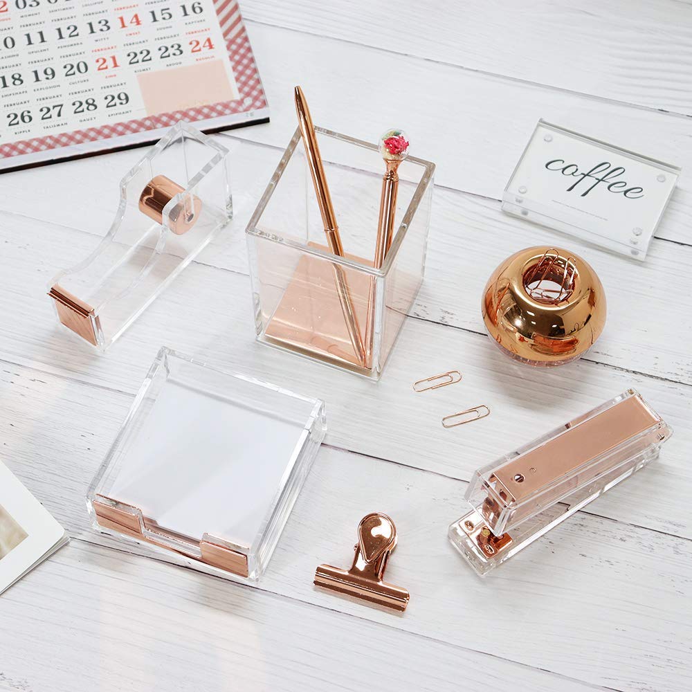 Clear Rose Gold Acrylic Desk Organizer Set - Tape Dispenser, Stapler (24/6 Staples), Sticky Notes Holder, Magnetic Paper Clip Holder, Pen & Pencil Holder - Stylish Office Supplies for Home & Workspace Organization