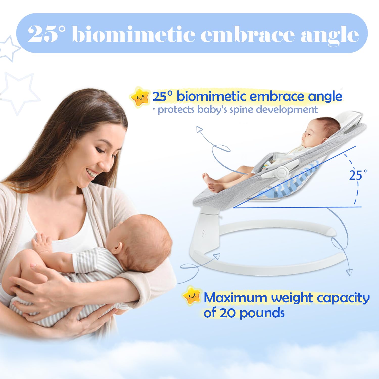 Electric Baby Swing and Bouncer with Remote Control - 5 Speed Levels, 3 Adjustable Seat Positions, Breathable Mesh for Infants to Toddlers (0-36 Months) - Indoor & Outdoor Portable Rocker for Nursery, Travel, and Playtime - Gray