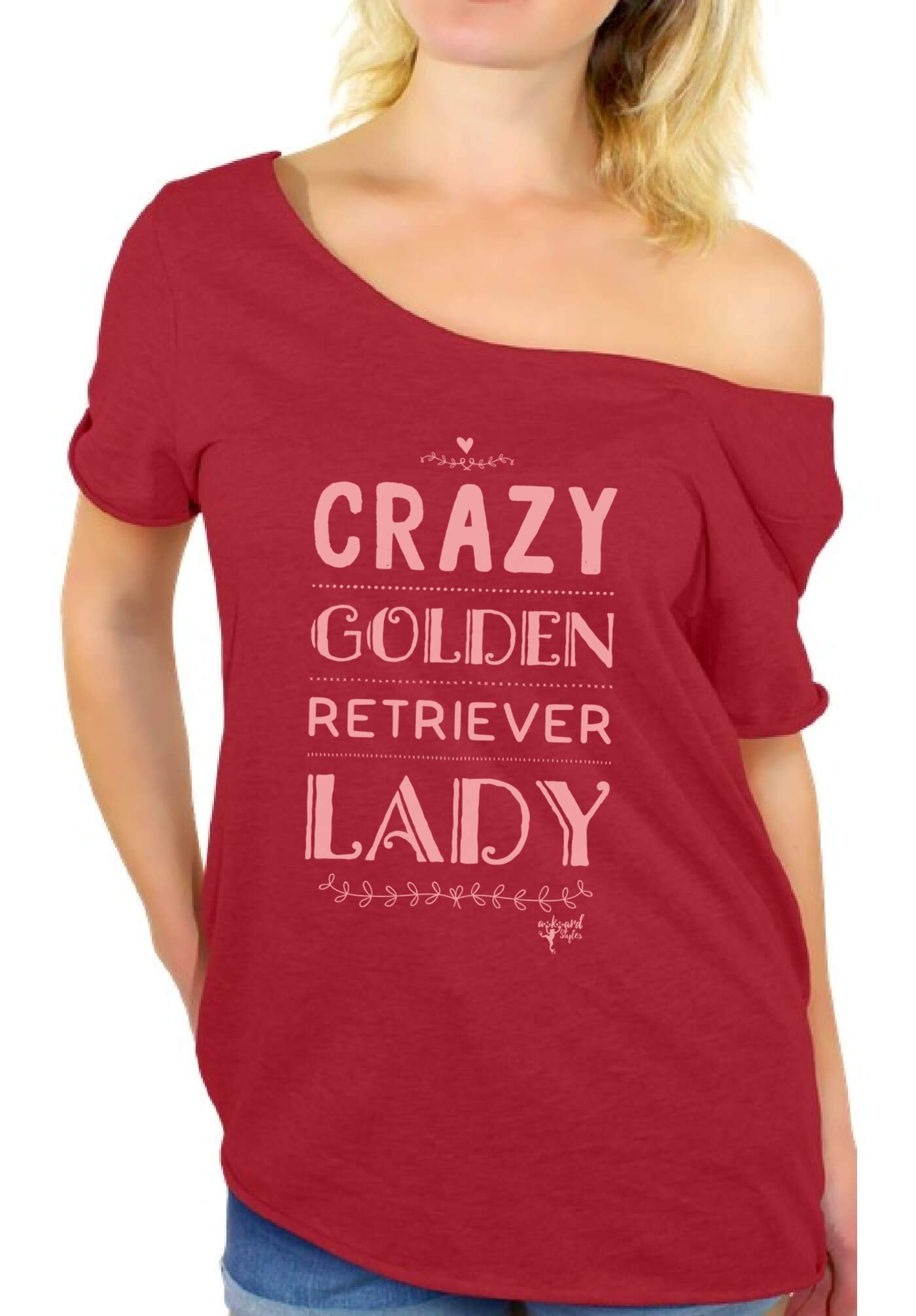 Crazy Golden Retriever Lady Graphic T-Shirt - Funny Dog Lover Off Shoulder Top with Free Bookmark Gift | Casual Wear, Dog Park Outfit, Pet Owner Apparel