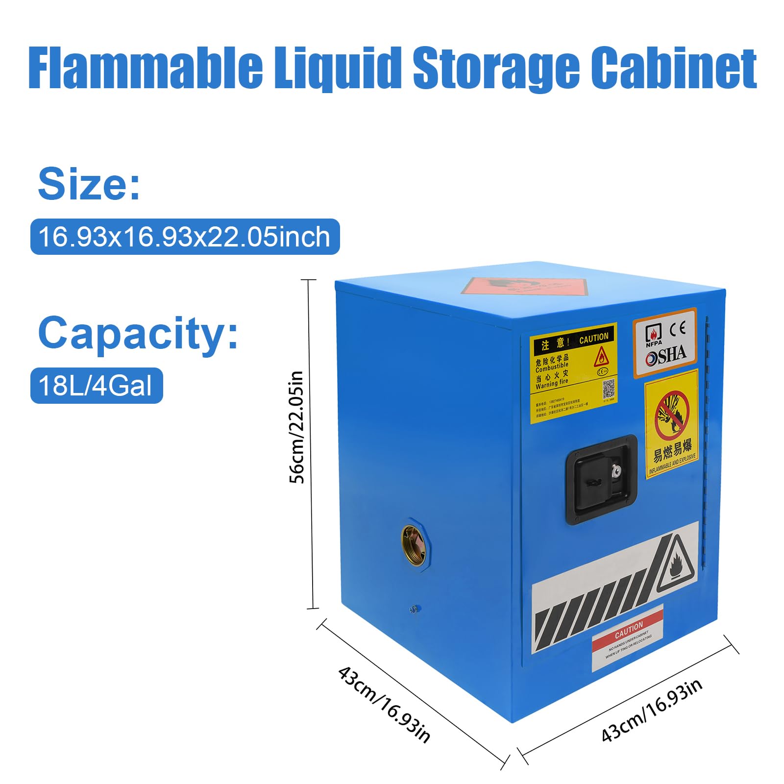 4 Gallon Hazardous Material Storage Cabinet - Fireproof & Explosion Proof Safety Cabinet for Gasoline, Chemicals | Commercial, Industrial & Home Use | Garage, Workshop, Laboratory Safety Storage (Blue)