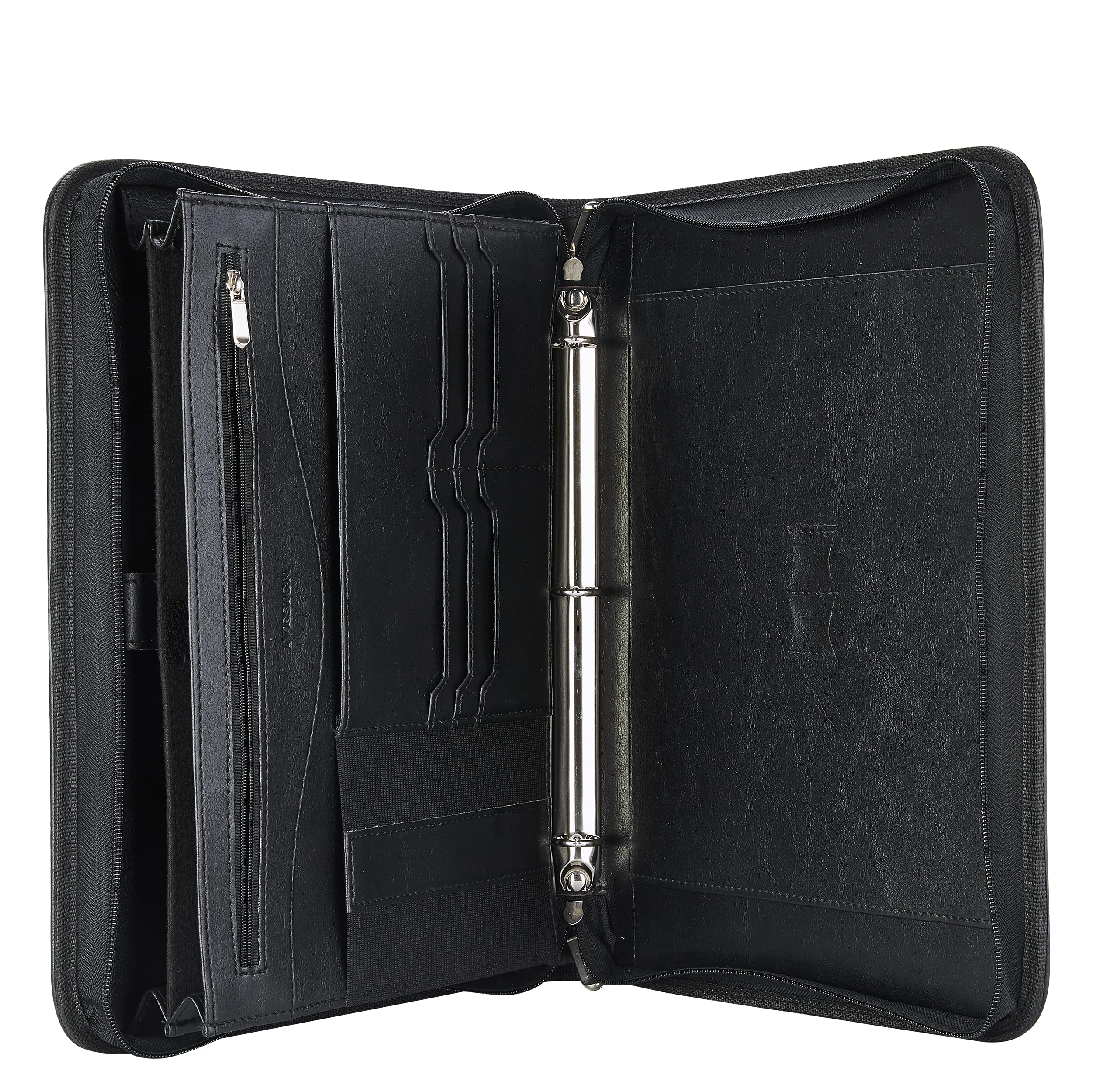 IVESIGN Zippered Padfolio Binder - Faux Leather 3-Ring Organizer with Business Card Slots & Document Folders | Left-Handed Design for Professionals | Perfect for Office, Meetings & Business Travel (Black)