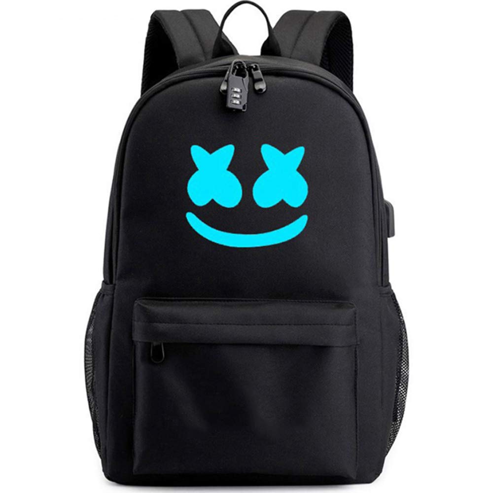 Mello Marshmallow Glow in The Dark Smile Backpack with USB & Headphone Ports - Large Laptop Backpack for Boys, Includes Cables & Lock - Perfect for School, Travel & Outdoor Adventures