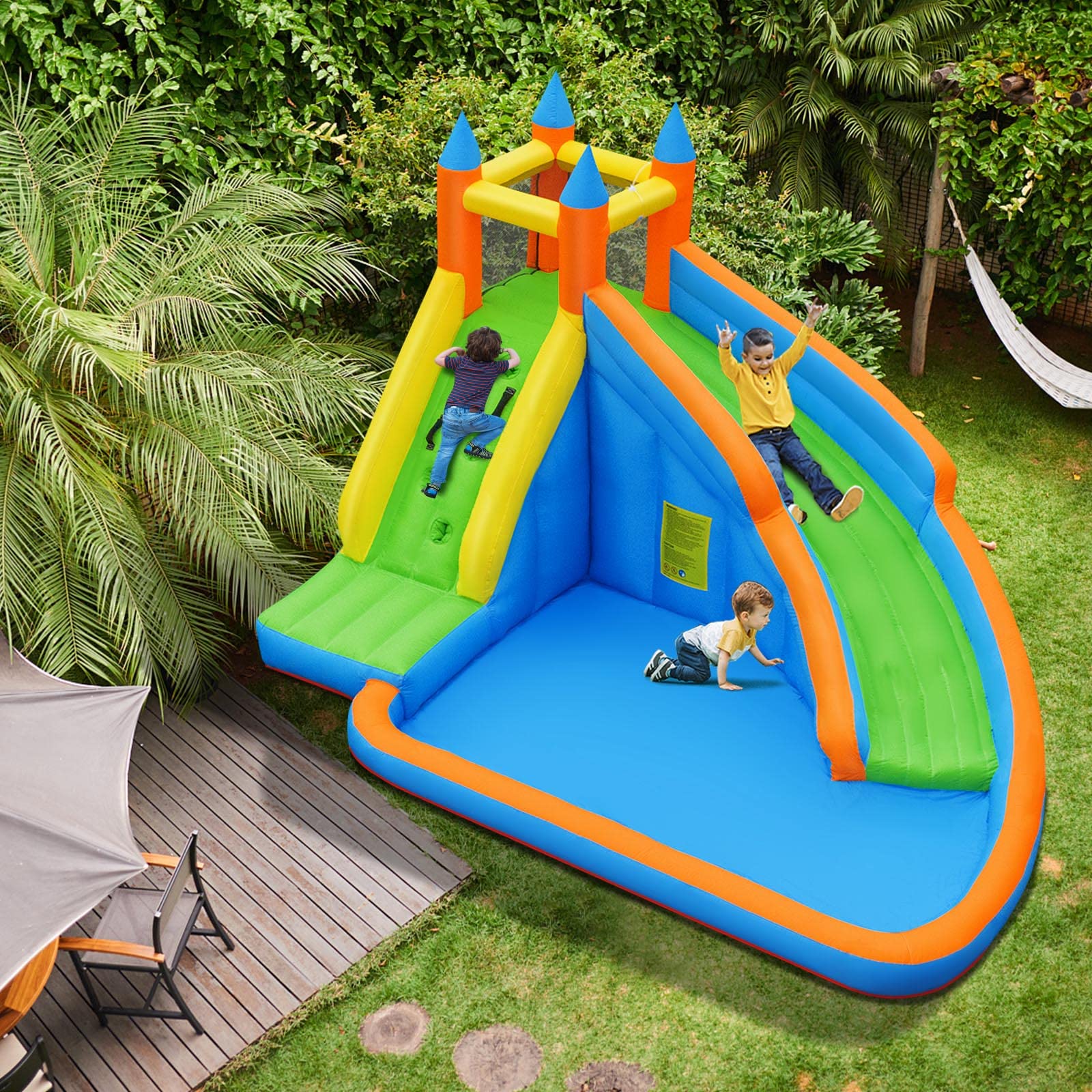 Costzon Inflatable Water Slide for Kids & Adults - Giant Bouncy Waterslide Park with 950W Blower, Climbing Wall & Splash Pool - 2-Piece Blow Up Water Slides for Backyard, Outdoor Parties & Summer Fun - Perfect Birthday Gift for Boys & Girls