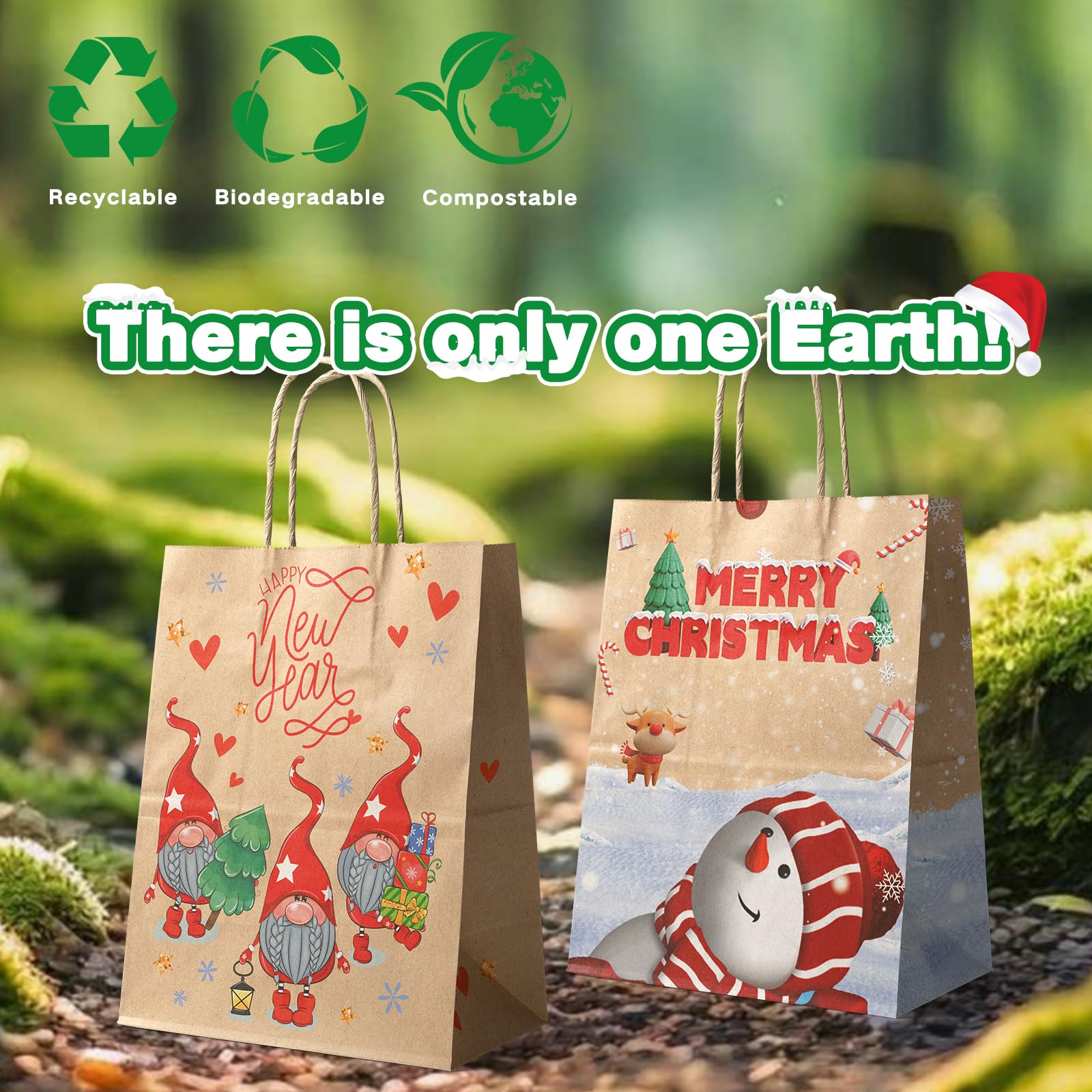 24Pcs Christmas Kraft Gift Bags with Handles - Bulk Holiday Paper Gift Bags for Party Favors, Presents & Decorations - 6 Festive Designs for Christmas, Xmas Parties & Gift Wrapping (Medium Size)