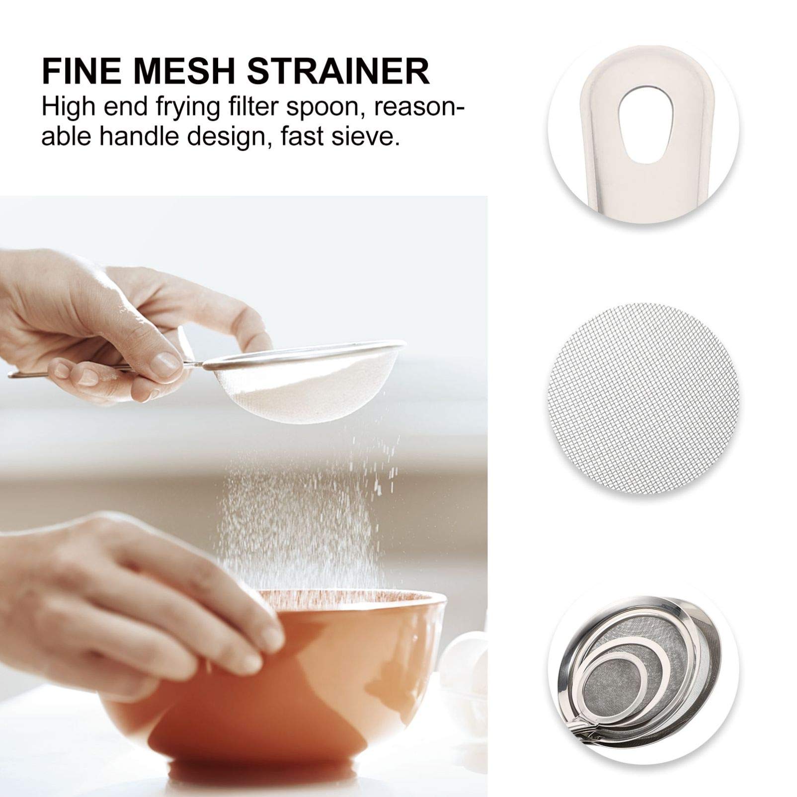 5-Piece Stainless Steel Fine Mesh Strainer Set - Kitchen Sieve, Flour Sifter, Skimmer & Colander for Baking, Frying & Cooking - Perfect for Fried Chicken, Baking, Pasta & More