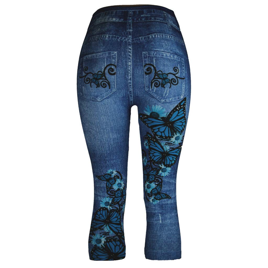 Women's Denim Printed Capri Leggings - Stretchy Skinny Jeggings Pull-On Pants | Casual Wear, Workout, Daily Outfits | 4th of July Sale & Clearance Deals