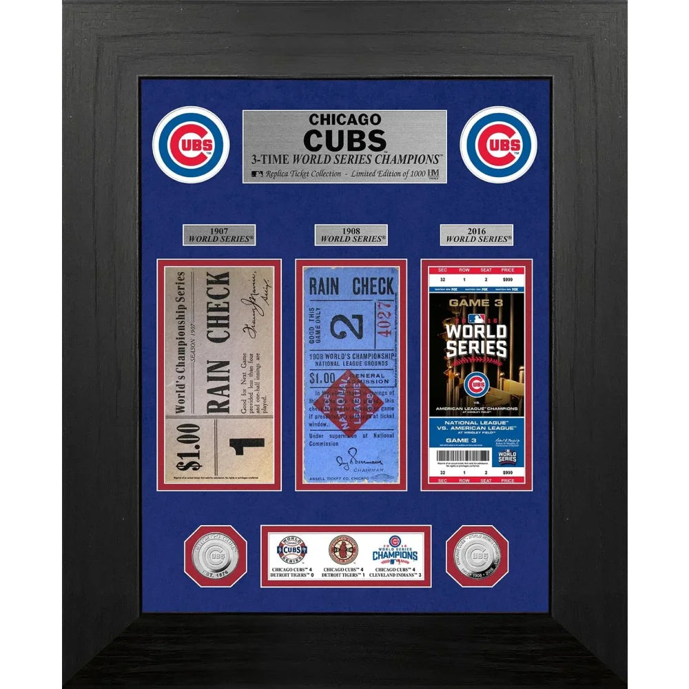 Chicago Cubs World Series Commemorative Silver Coin & Ticket Framed Collage - Perfect for Baseball Fans, Sports Memorabilia Collectors, and Home/Office Decor