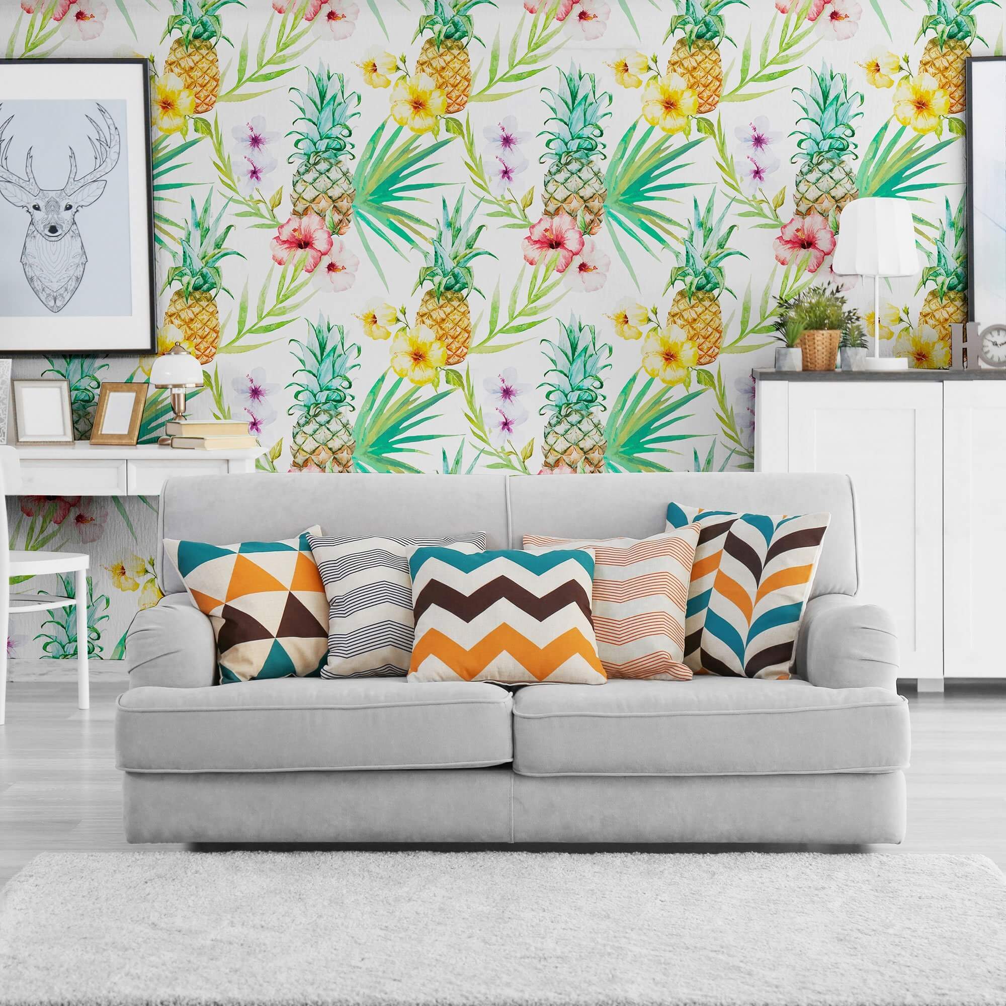 White Tropical Themed Peel and Stick Removable Wallpaper 5335 - Self-Adhesive Decorative Wall Covering for Bedroom, Living Room & Nursery Decor