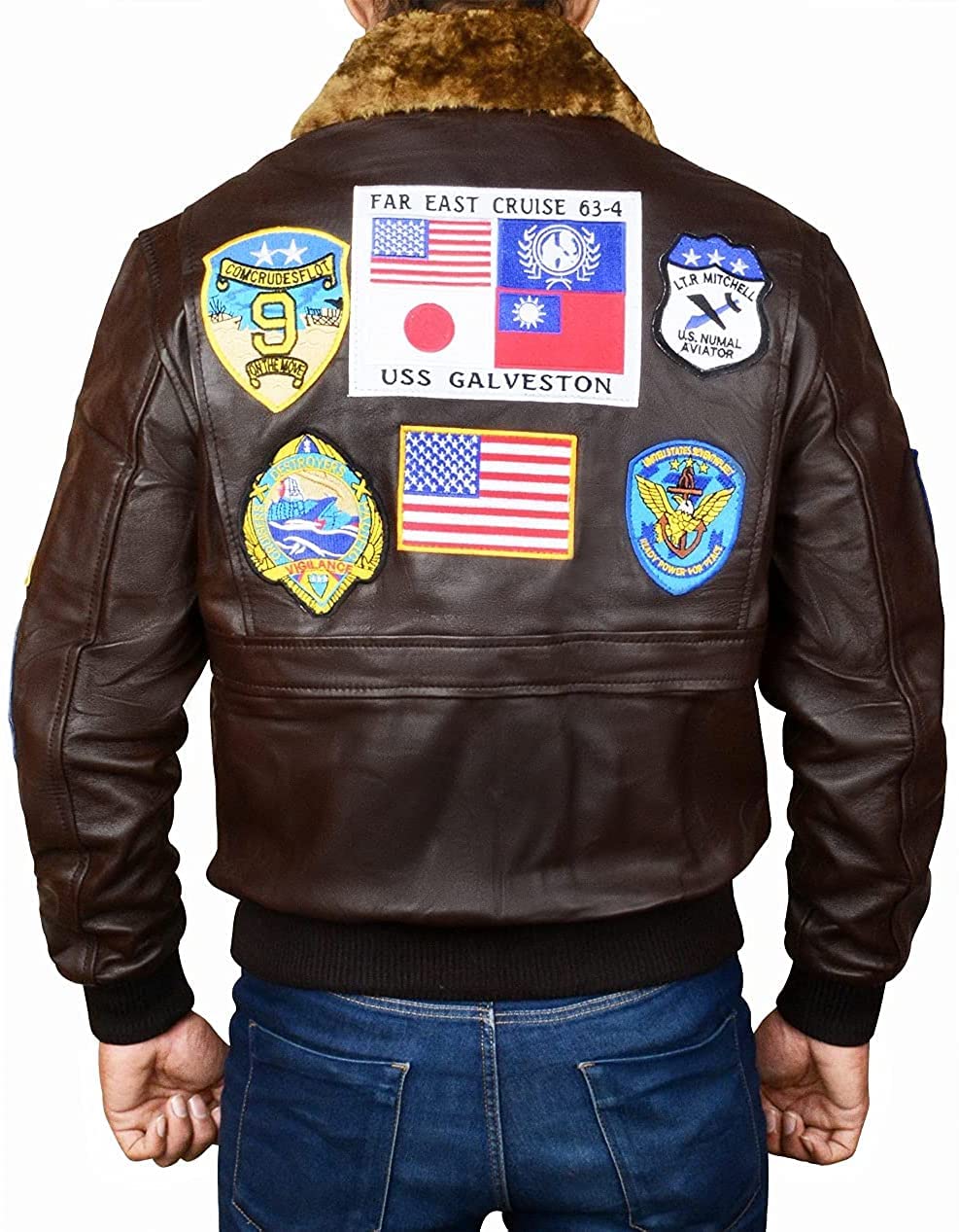 Men's Tom Cruise Aviator Pilot Jacket - G-1 Bomber Leather Coat with Fur Collar & Multiple Patches | Maverick Style Flight Jacket for Halloween, Cosplay & Movie Costume