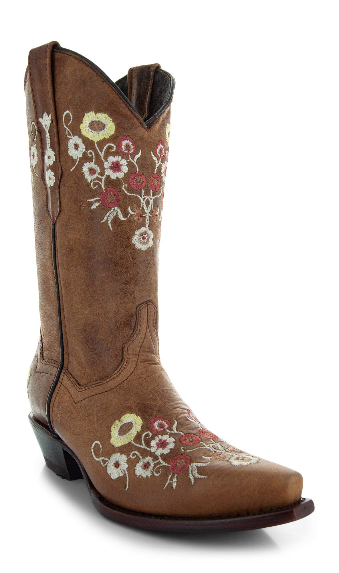 Soto Boots Women's Showstopper Snipped Toe Floral Cowgirl Boots – Genuine Leather Handcrafted Western Boots for Women | M50044 Tan | Perfect for Country Dancing, Rodeos & Western Fashion