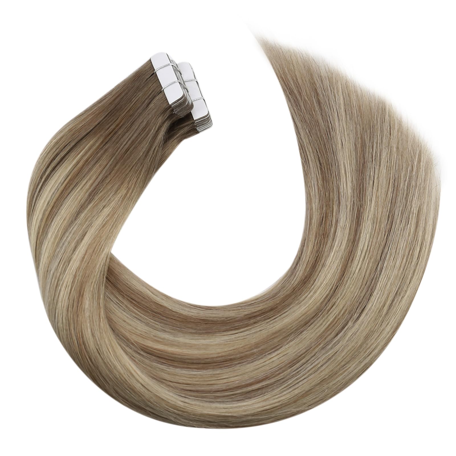 Premium Moresoo Balayage Tape-in Hair Extensions 16 Inch - 100% Real Human Hair, Ombre Ash Brown to Blonde Mix with Light Blonde (#8/22/8) - 20pcs 50g Set - Seamless Blending for Everyday Wear & Special Occasions
