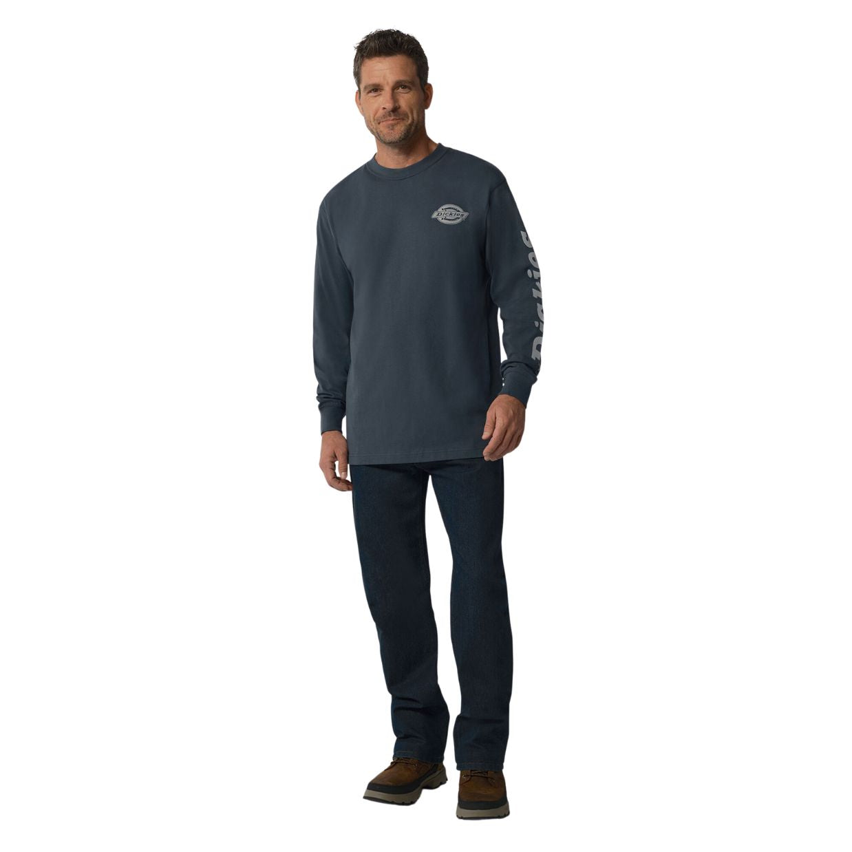 Dickies Heavyweight Logo Men's Long Sleeve Work T-Shirt - Durable Cotton Crewneck Shirt for Construction, Warehouse & Outdoor Jobs (Airforce Blue, WL22C) - Perfect for Workwear, Casual Wear & DIY Projects