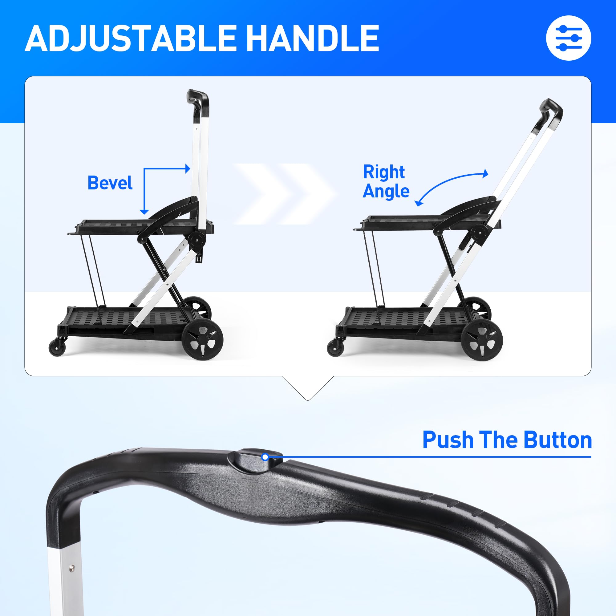 200lbs Capacity 30x18 Inch Foldable Shopping Cart with Wheels - Adjustable Collapsible Grocery Trolley with 2 Removable Baskets for Supermarket, Picnic & Outdoor Activities (Blue)