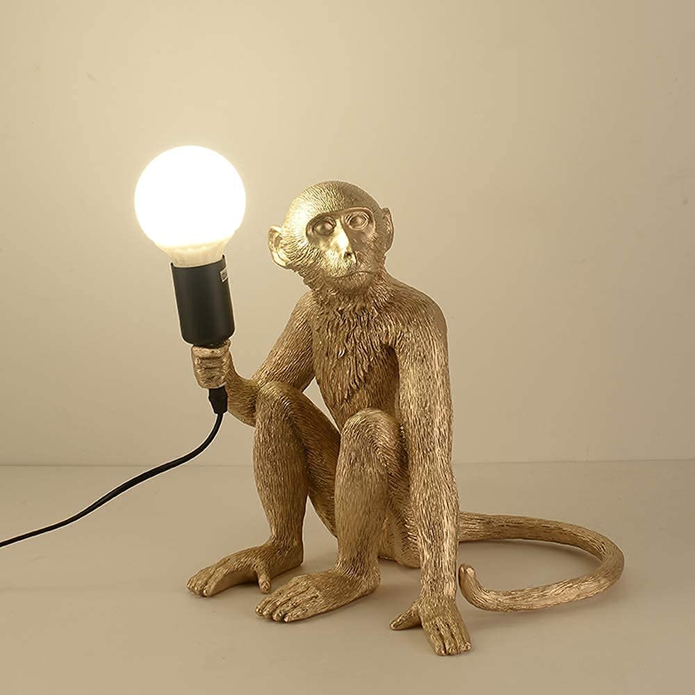 LOYALHEARTDY Modern Monkey Table Lamp - Resin Sitting Monkey Desk Light for Living Room, Bedroom, Office & Dorm Decor - Gold Accent Lighting for Study, Reading & Nightstand Use