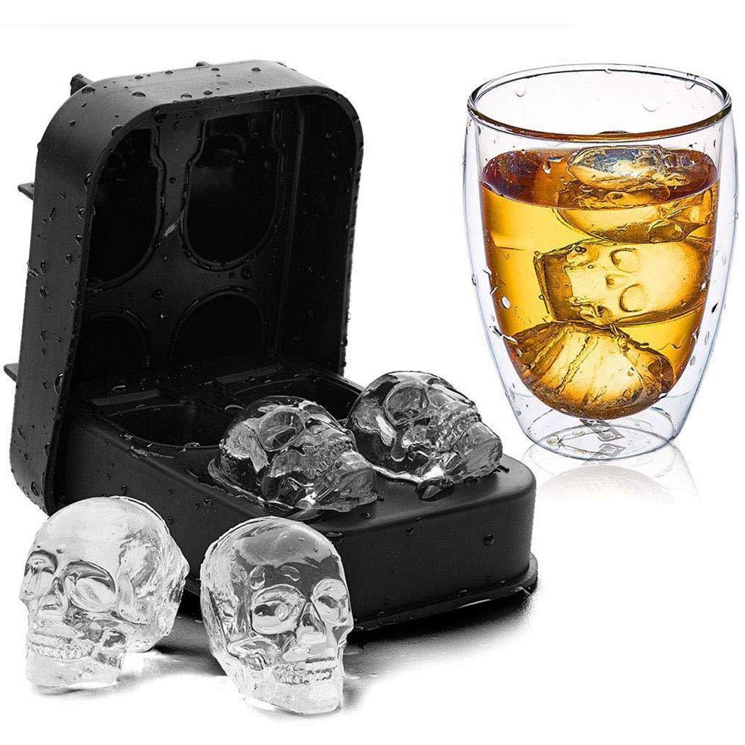3D Skull Shape Silicone Ice Cube Tray - 4 Grids Wine Ice Mold for Cocktails, Whiskey & Halloween Party Decor - BPA Free Reusable Ice Maker Tool for Bars, Home & Gifts