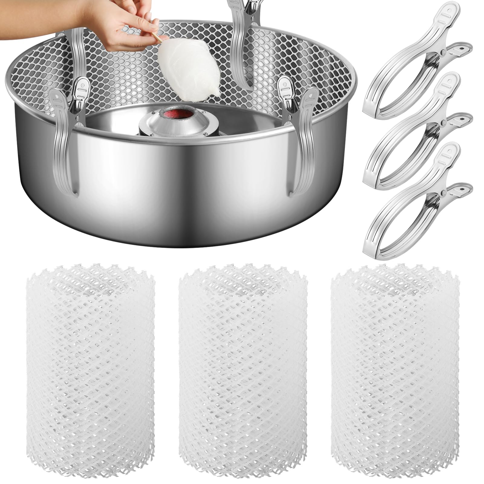 Juexica 3-Piece Cotton Candy Mesh & Clip Stabilizer Kit - Includes 3 Cotton Candy Meshes & 12 Clip Stabilizers - Candy Making Supplies for Cotton Candy Machines - Perfect for Parties, Carnivals & Home Use