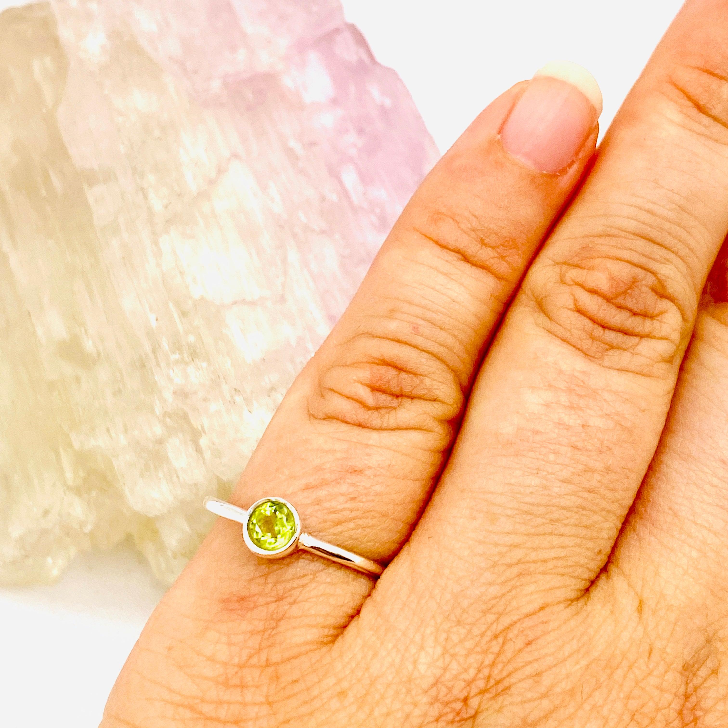 Peridot Round Faceted Fine Band Ring R3754 PE - Dainty Green Gemstone Jewelry for Women, Perfect for Everyday Wear, Gift Giving & Special Occasions