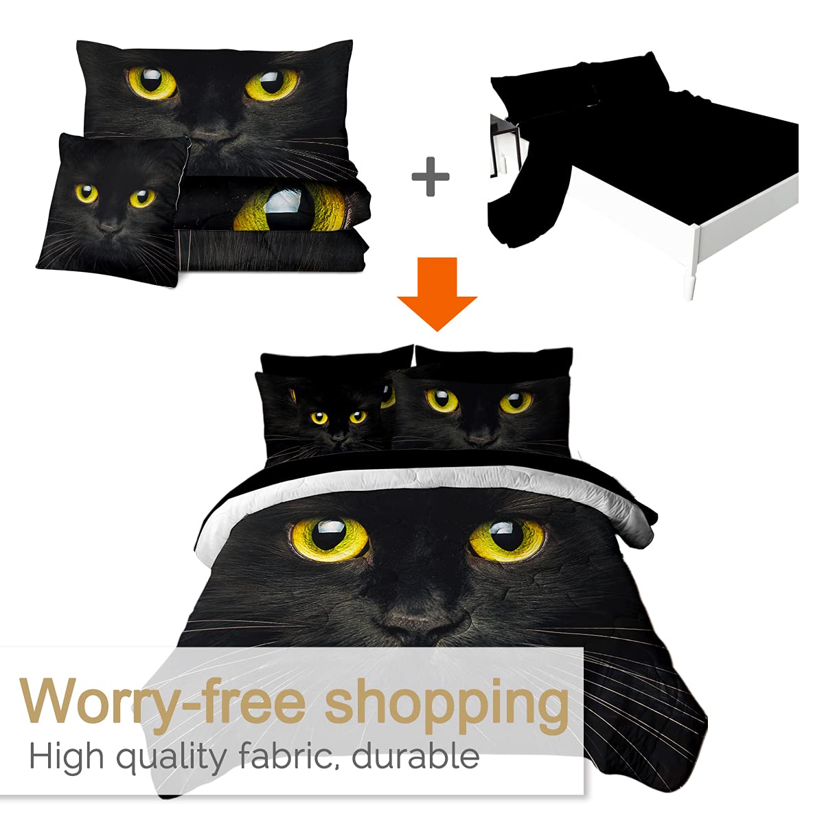 **BlessLiving 8-Piece Black Cat Comforter King Size Bedding Set - Cute Animal Print, Includes 1 Comforter, 2 Pillow Shams, 1 Flat Sheet, 1 Fitted Sheet, 1 Cushion Cover, 2 Pillowcases - Perfect for Kids, Boys & Girls Bedrooms, Themed Rooms, and Cozy Sleepovers**