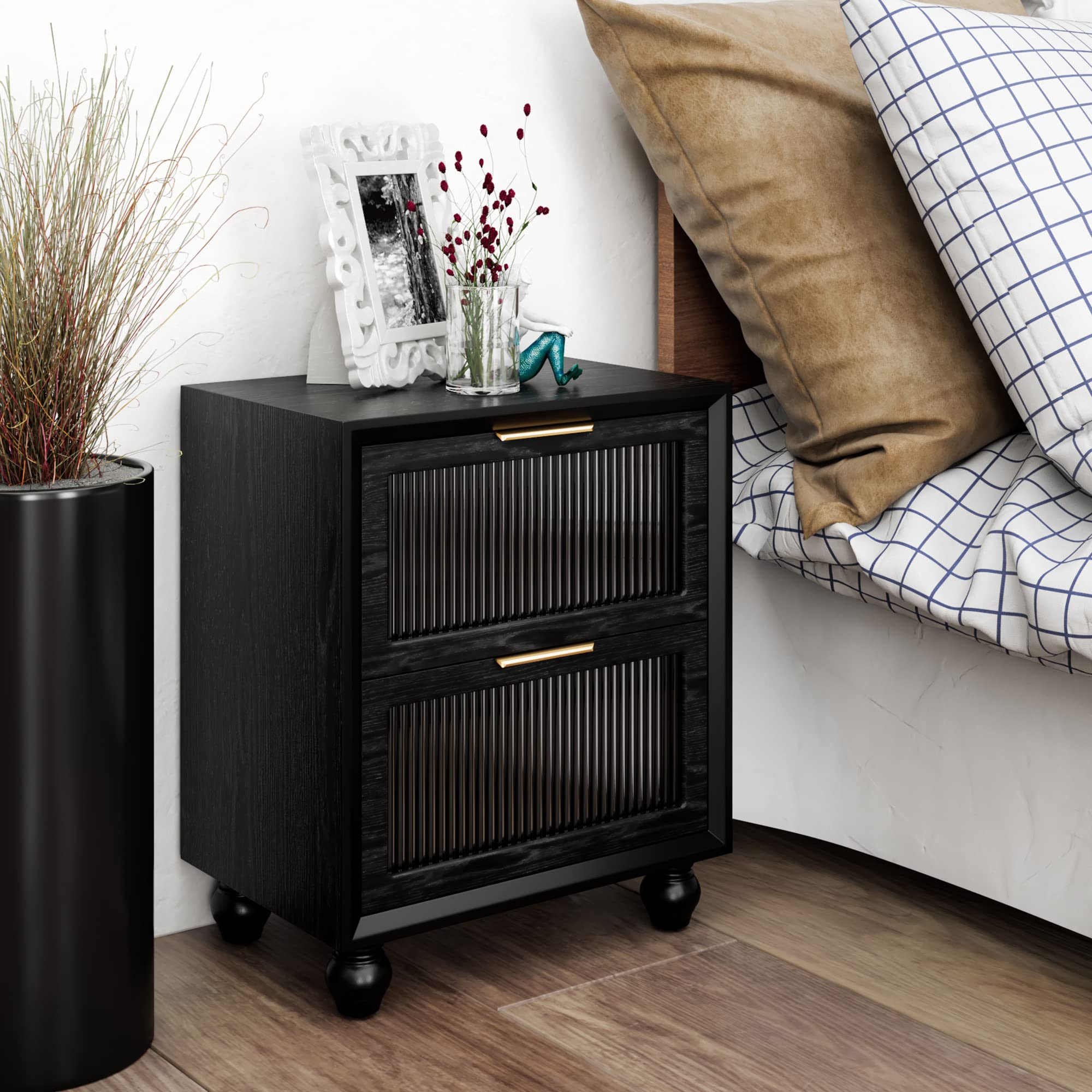 LONYKE 2 Drawer Nightstand with Reeded Glass - Modern Bedside Table with Storage for Small Spaces | Mid-Century Bedroom Furniture in Black - Perfect for Apartments, Dorms & Cozy Bedrooms