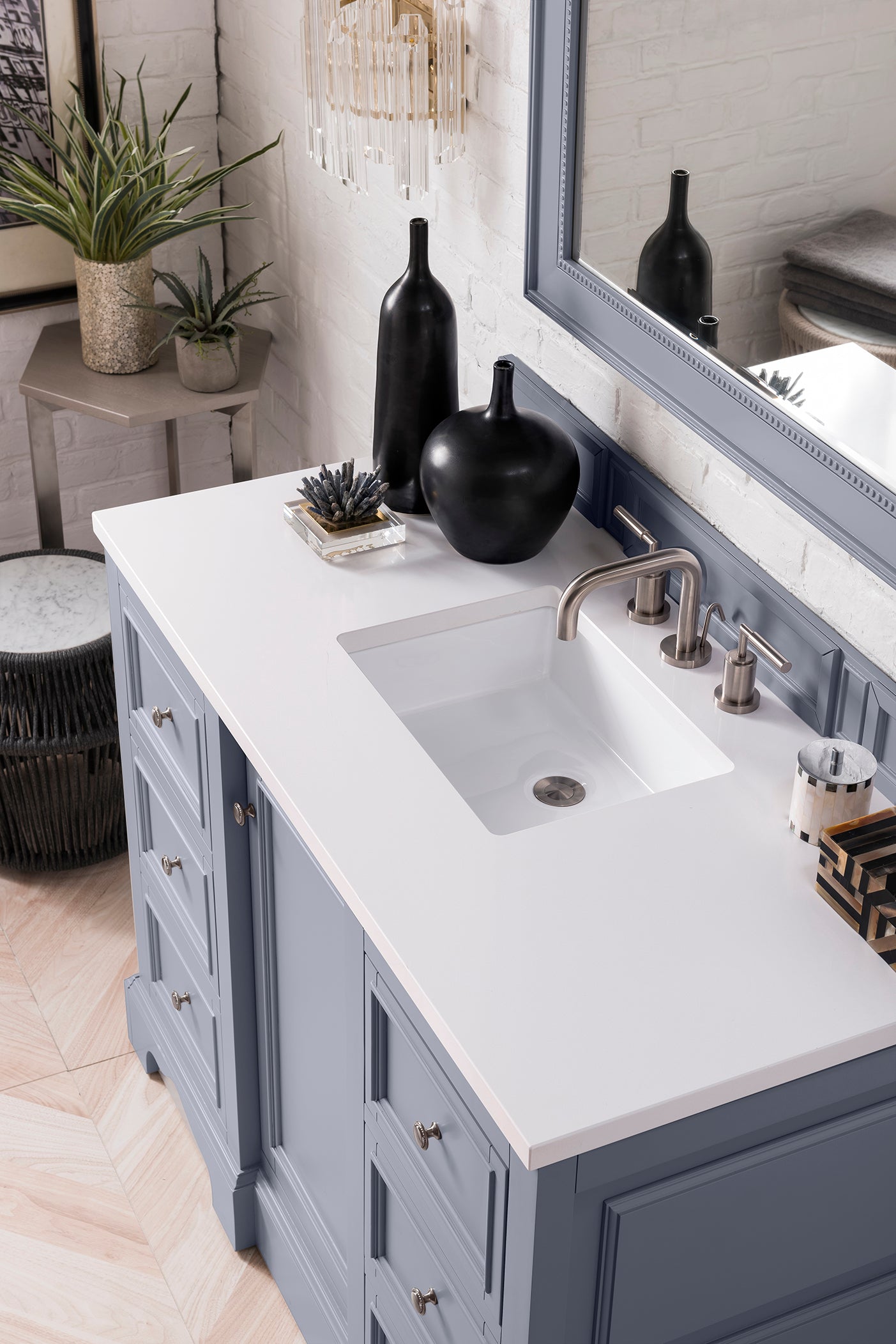 De Soto 48 Inch Single Bathroom Vanity with White Zeus Quartz Top - Silver Gray Finish for Modern Home Decor | Perfect for Small Bathrooms & Powder Rooms