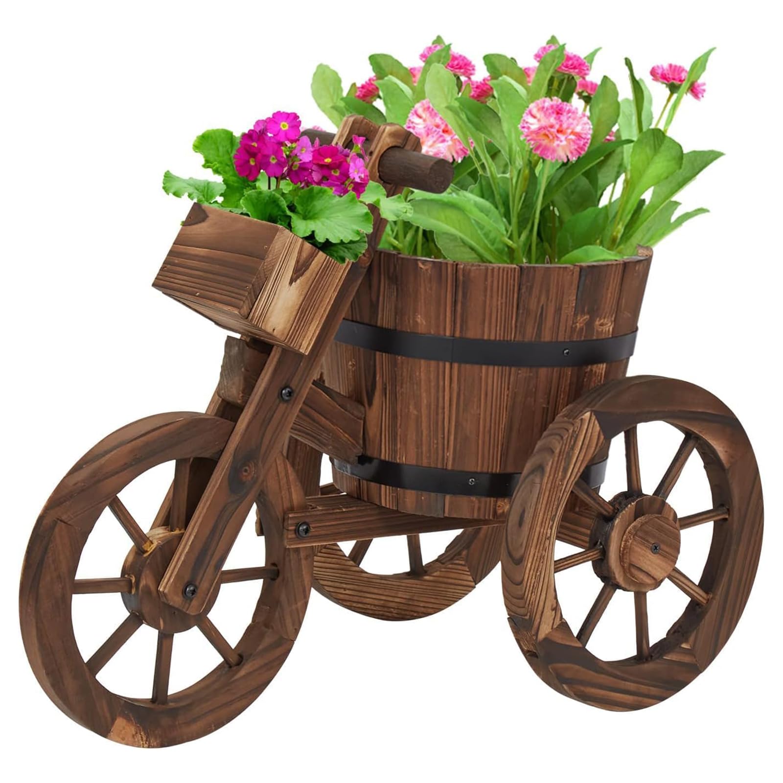 KINTNESS Decorative Wooden Garden Planter Wagon Cart with Wheels - Raised Flower Bed Planter Stand for Backyard, Patio, Lawn | Perfect for Outdoor Decor, Herb Gardening & Small Space Landscaping