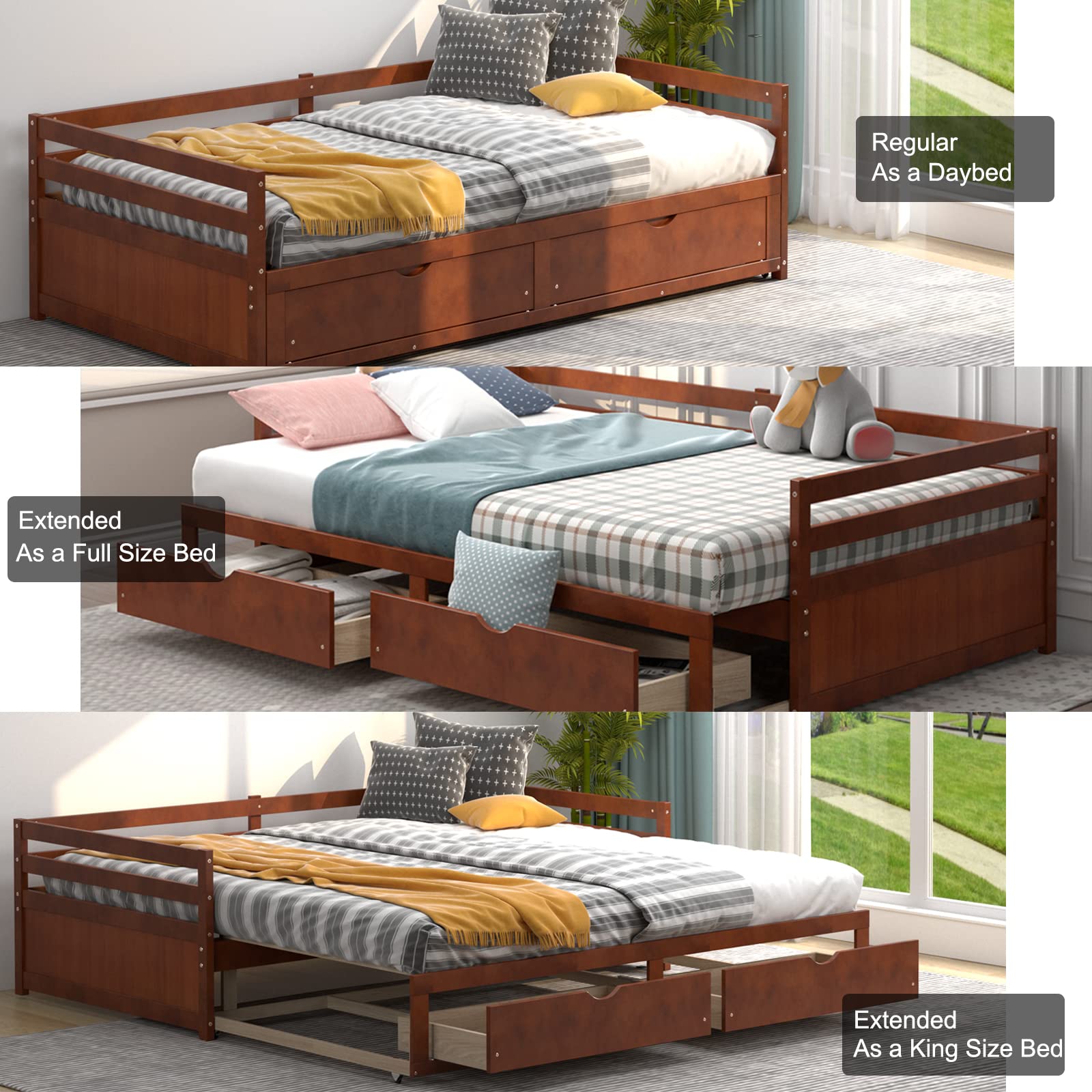 Giantex Wood Daybed with Trundle - Twin to King Size Extendable Daybed with 2 Storage Drawers, Modern Dual-Use Sofa Bed for Teens & Adults, No Box Spring Needed, Walnut Finish - Perfect for Small Bedrooms, Guest Rooms, and Living Spaces