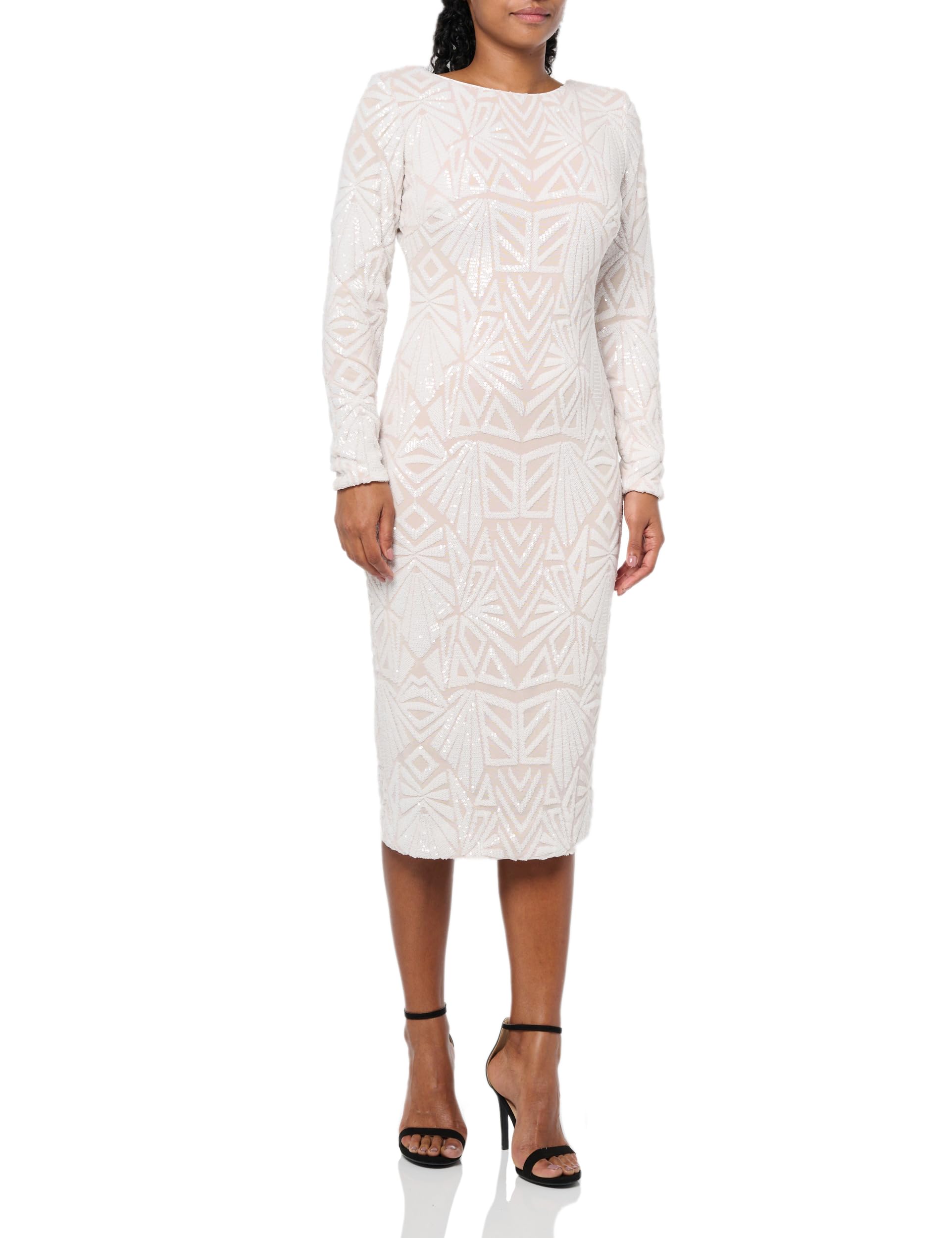 Dress the Population Women's Emery Long Sleeve Stretch Sequin Midi Sheath Dress - Elegant Party Gown for Holiday Events, Cocktail Parties & Evening Occasions