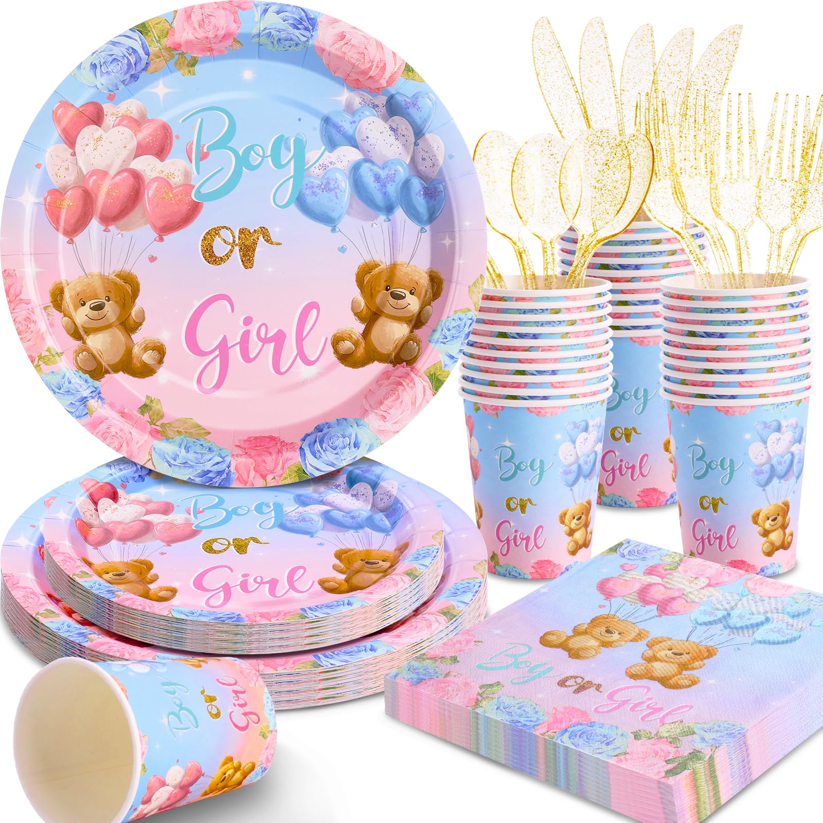 Baby Bear Gender Reveal Party Supplies Set - 24-168PCS Plates, Cups & Napkins for Gender Announcement Celebrations | Perfect for Baby Showers, Nursery Decor & Social Media Reveals