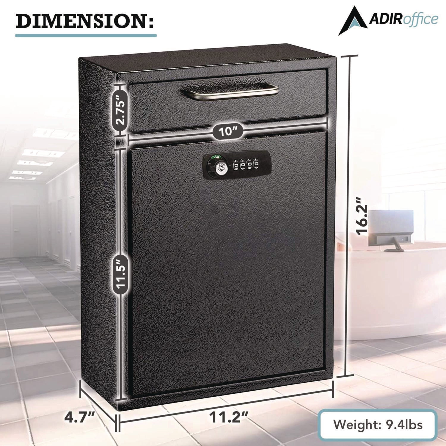 AdirOffice Large Secure Drop Box - Wall Mounted Locking Mailbox with Key & Combination Lock (11.2 x 4.7 x 16.2 Inches, Black) - Perfect for Home, Office, Apartment & Commercial Package Delivery Security