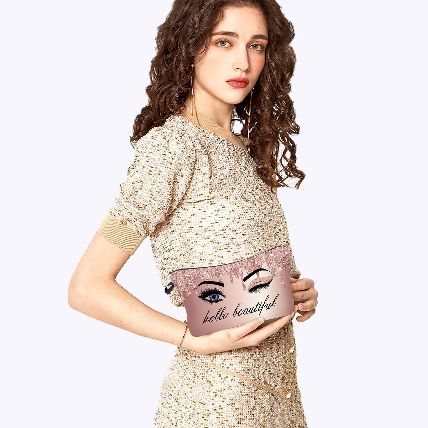 Hello Beautiful Inspirational Makeup Bag for Women - Small Cosmetic Pouch for Purse, Travel Toiletry Organizer, Boho Funny Gift - Perfect for Daily Use, Travel & Gym Accessories