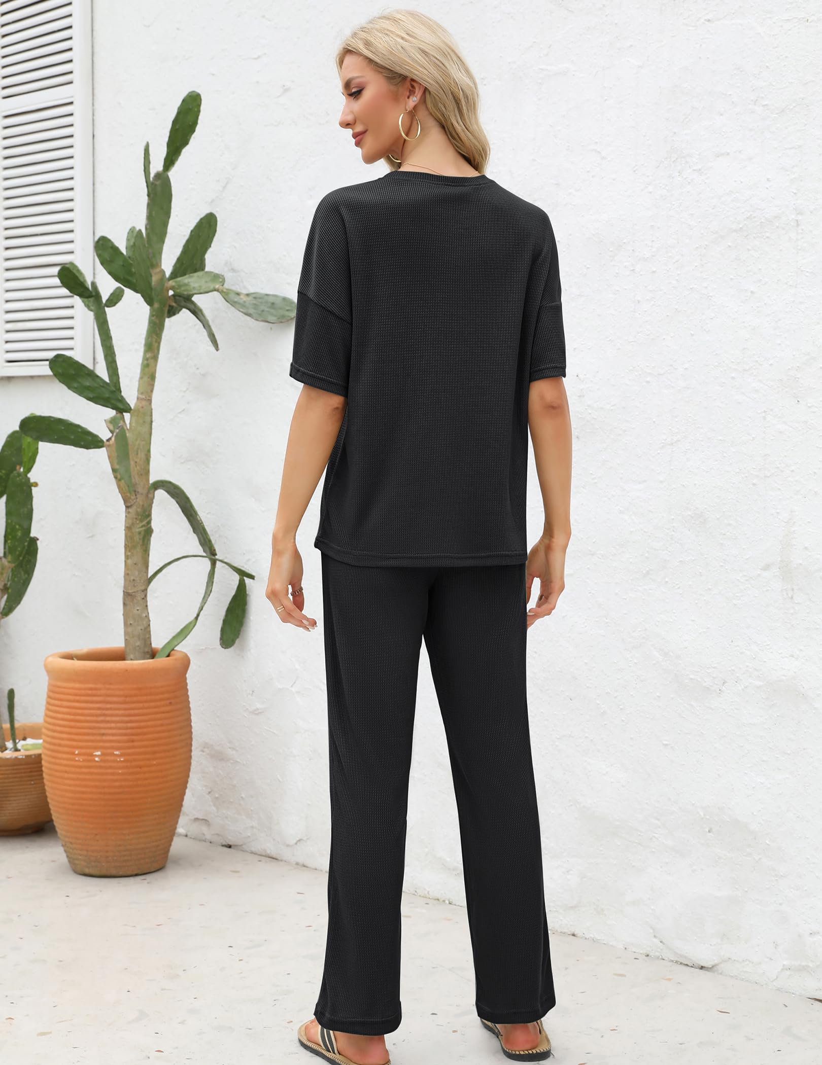 JiniGolla Women's Waffle Knit Pajama Set - Soft Short Sleeve Sleep Shirt & Long Lounge Pants - Cozy Sleepwear for Nighttime Comfort & Relaxation at Home