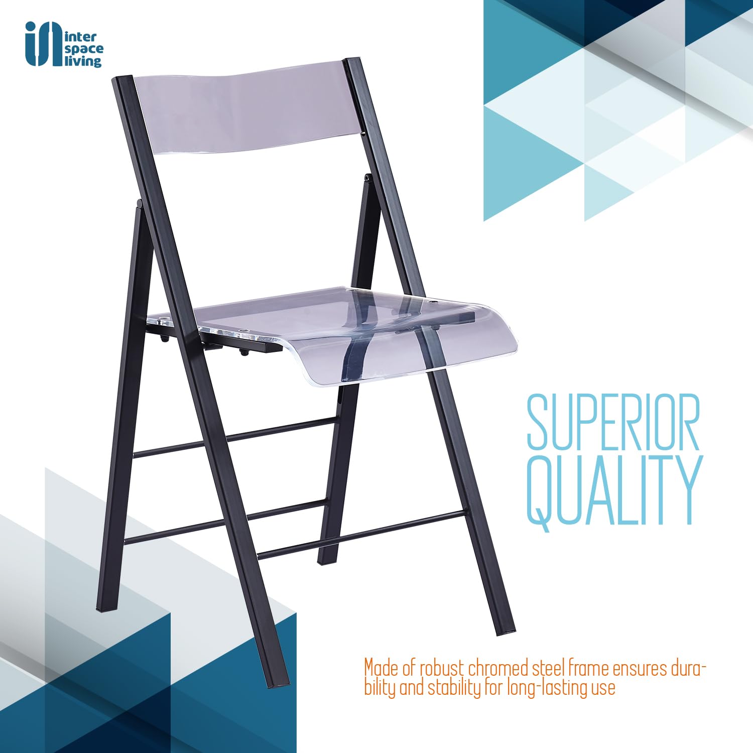 Kasper Flex Modern Acrylic Folding Chairs - Set of 2 Clear Lucite Chairs with Chrome Steel Frame for Dining Room, Office, Patio & Events - Indoor/Outdoor Stackable Transparent Chairs for Home, Restaurant & Wedding Decor