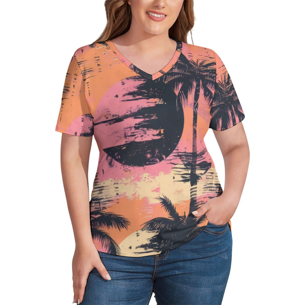 Grunge Sunset Ice Silk V-Neck Short Sleeve Shirt for Women - Soft & Breathable Summer Tops - Perfect for Casual Outings, Music Festivals & Boho Style