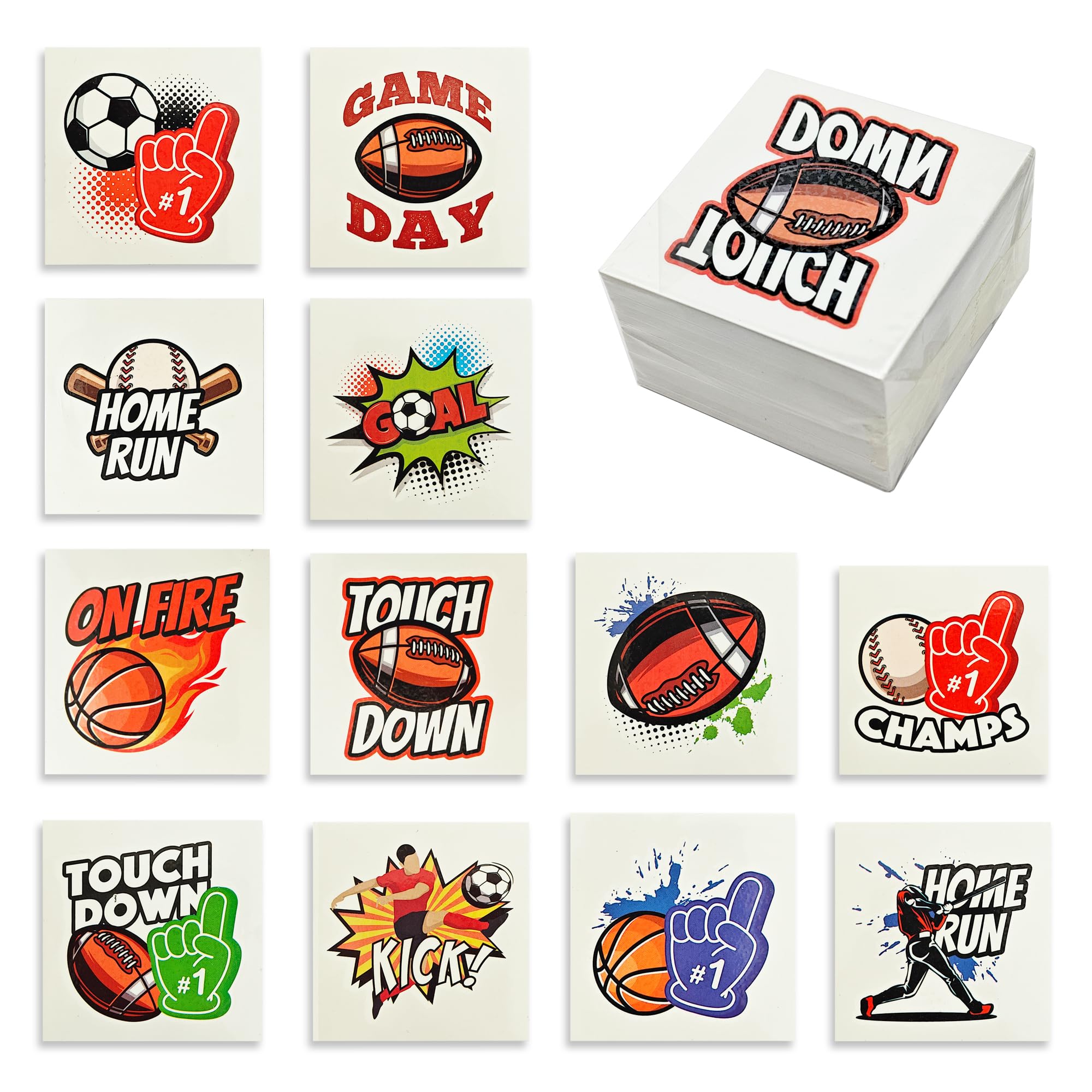 144 Pack Assorted Sports Temporary Tattoos - 2 Inch Fun Goofy Designs - Easy to Apply Water-Based Ink - Perfect for Sports Parties, Goodie Bags, Kids Gifts (Ages 5+) - Safe Non-Toxic Body Art for Team Events & Birthday Favors